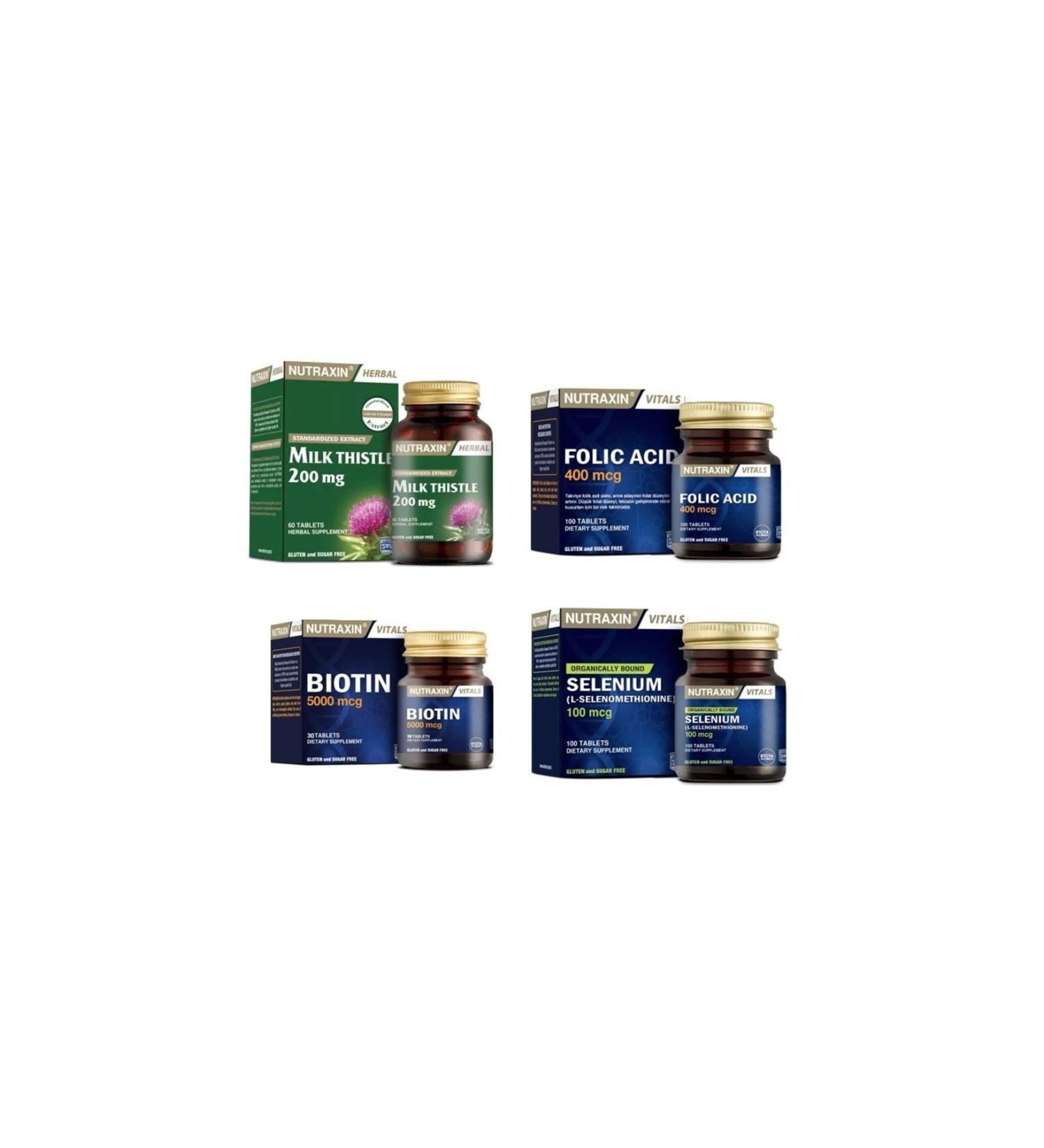 Nutraxin Milk Thistle 60 Tablets + Selenium 100 Tablets + Folic Acid 100 Tablets + Biotin 30 Tablets