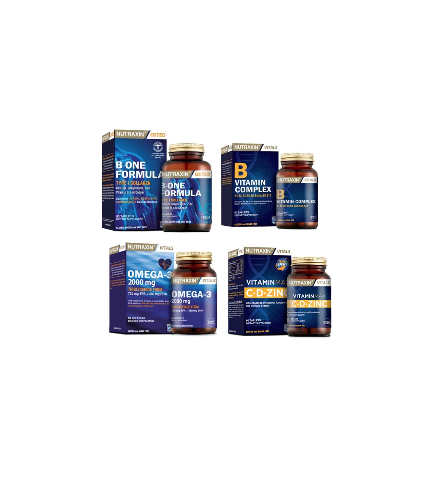 Nutraxin B-one Formula 90 Tablets + Omega 3 Fish Oil 2000 Mg 60 Capsules + Vitamin Max 60 Tablets + Vitamin B
