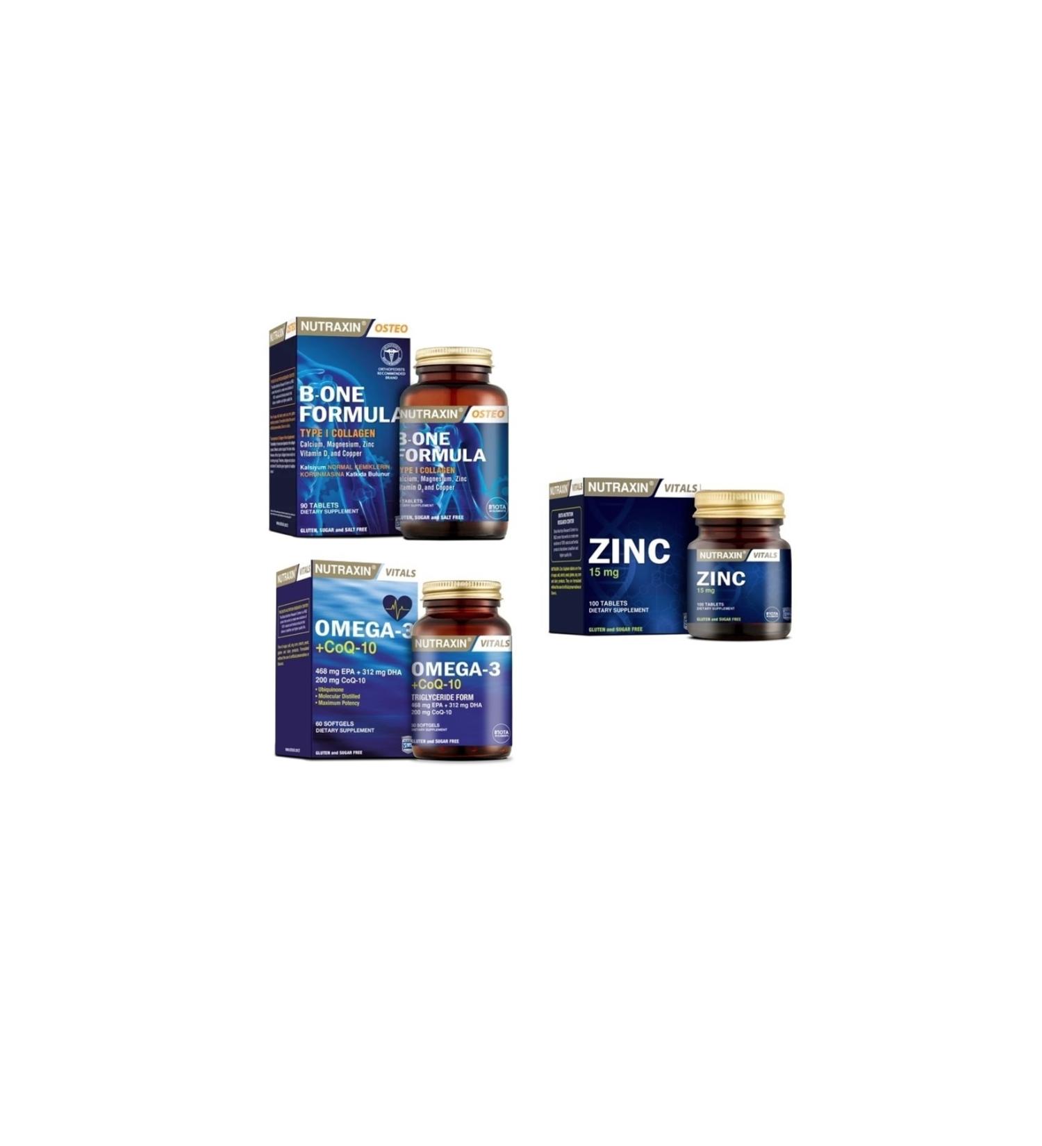 Nutraxin B-one Formula 90 Tablets +omega 3 +coq-10(coenzyme) 60 Capsules + Zinc 15 Mg 100 Tablets