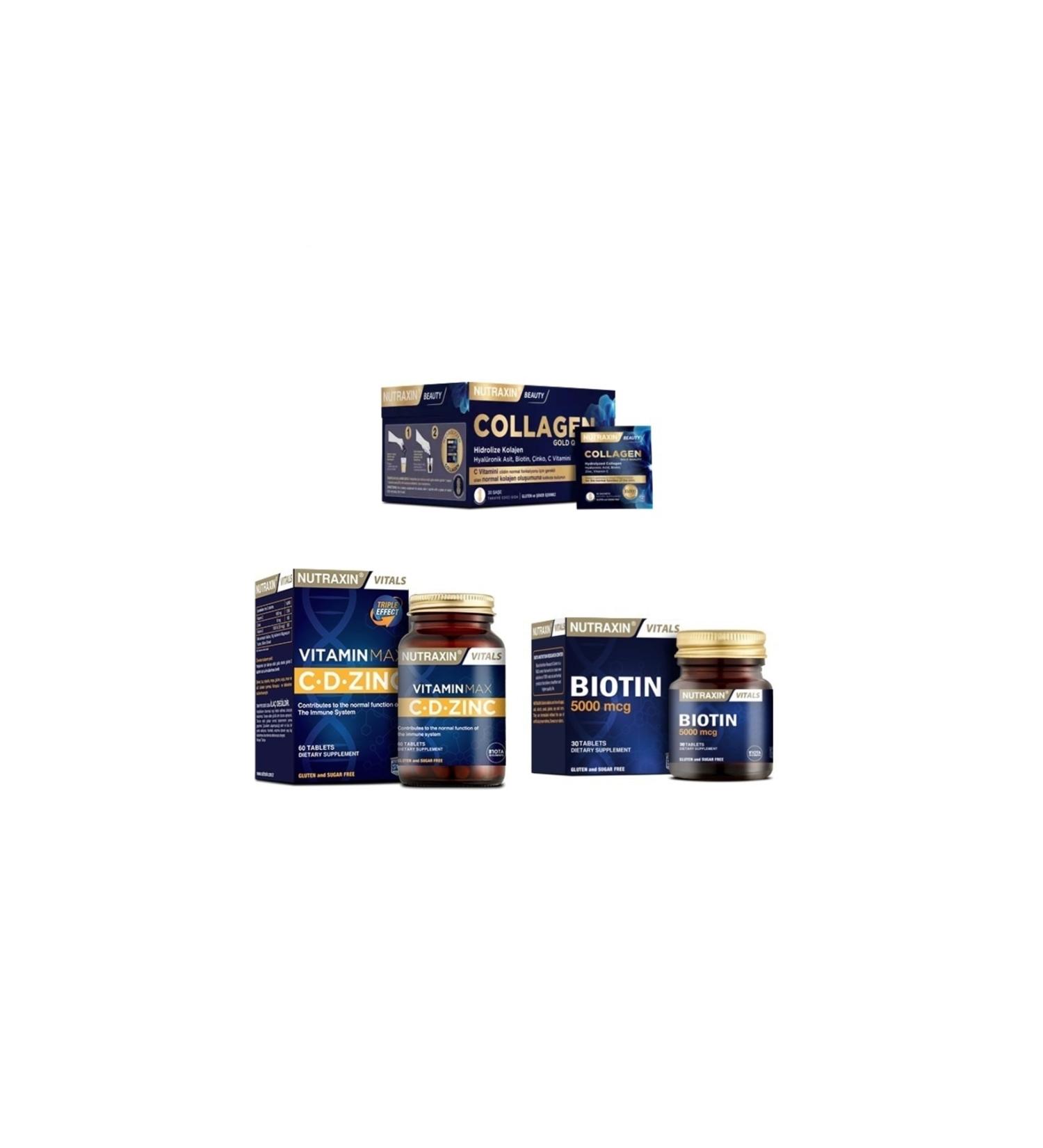 Nutraxin Collagen 30 Sachet 10000 Mg + Vitamin Max (c d zinc) 60 Tablets + Biotin 5000 Mcg 30 Tablets