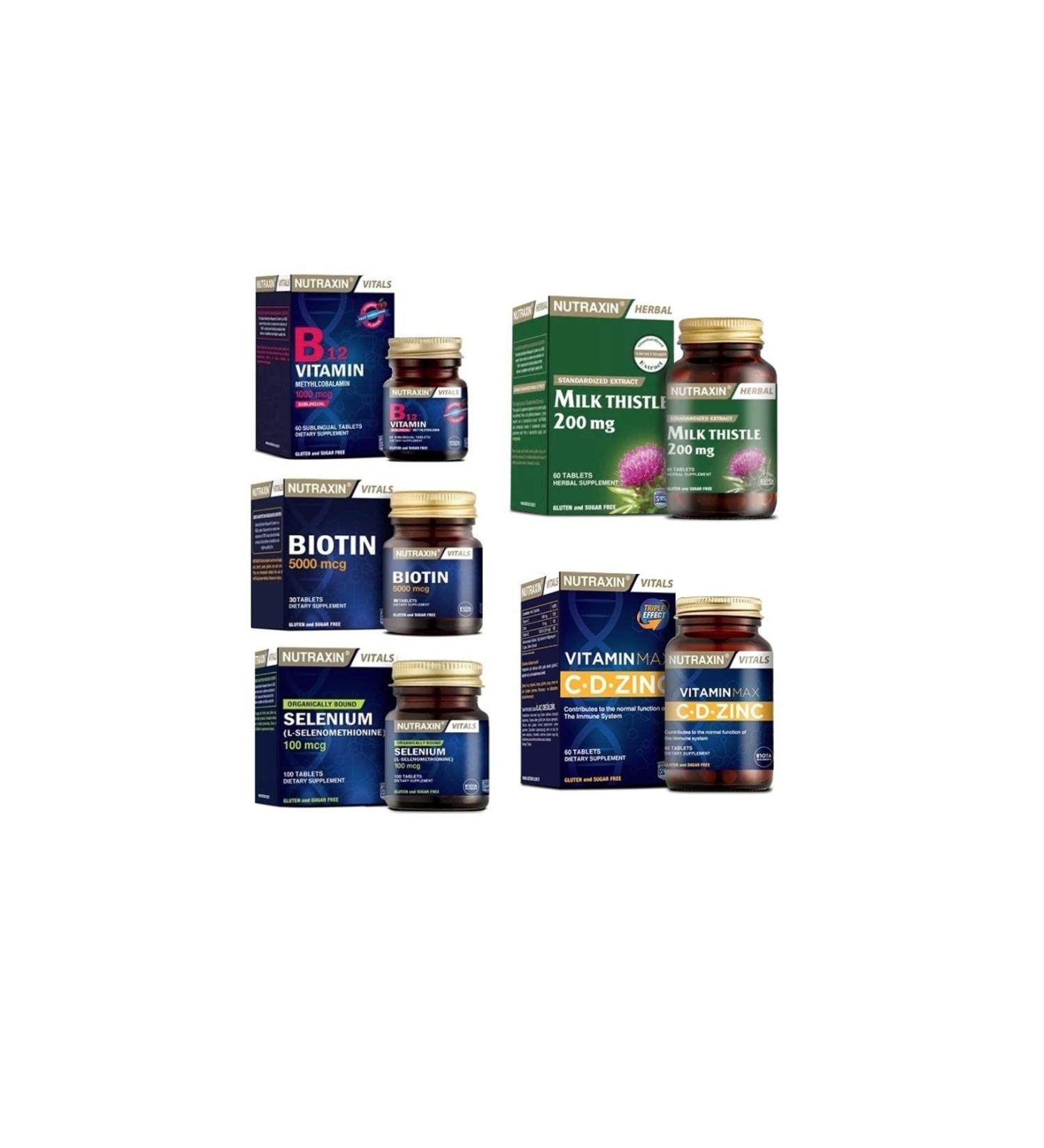 Nutraxin Milk Thistle 60 Tablets+selenium+biotin+vitamin Max(c d zinc)+B12 Vitamin Sublingual