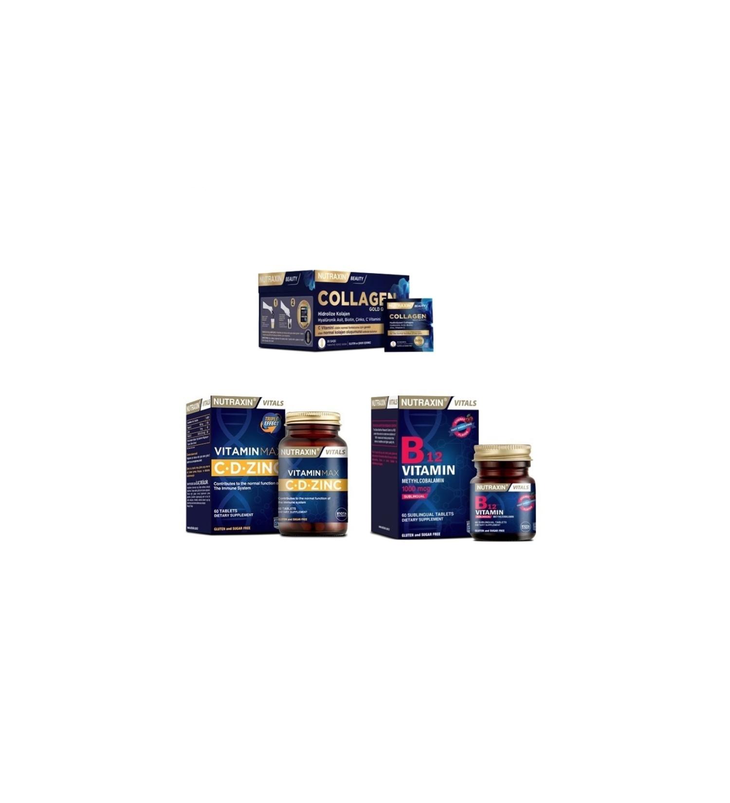 Nutraxin Collagen 30 Sachet 10000 Mg + Vitamin Max (c d zinc) 60 Tablets + Vitamin B12 60 Sublingual