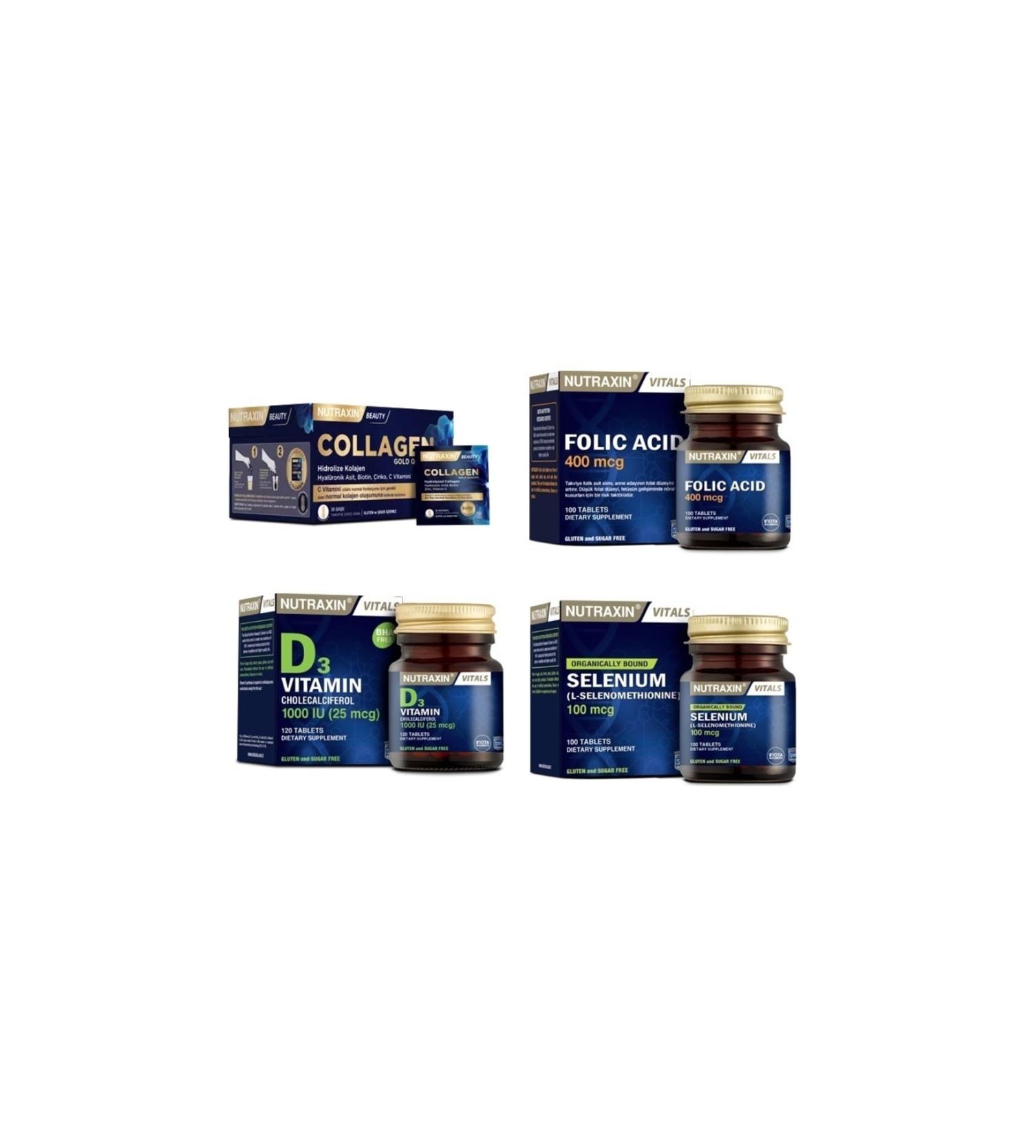 Nutraxin Collagen 30 Sachet 10000 Mg+selenium 100 Tablets+folic Acid 100 Tablets+D3 120 Tablets