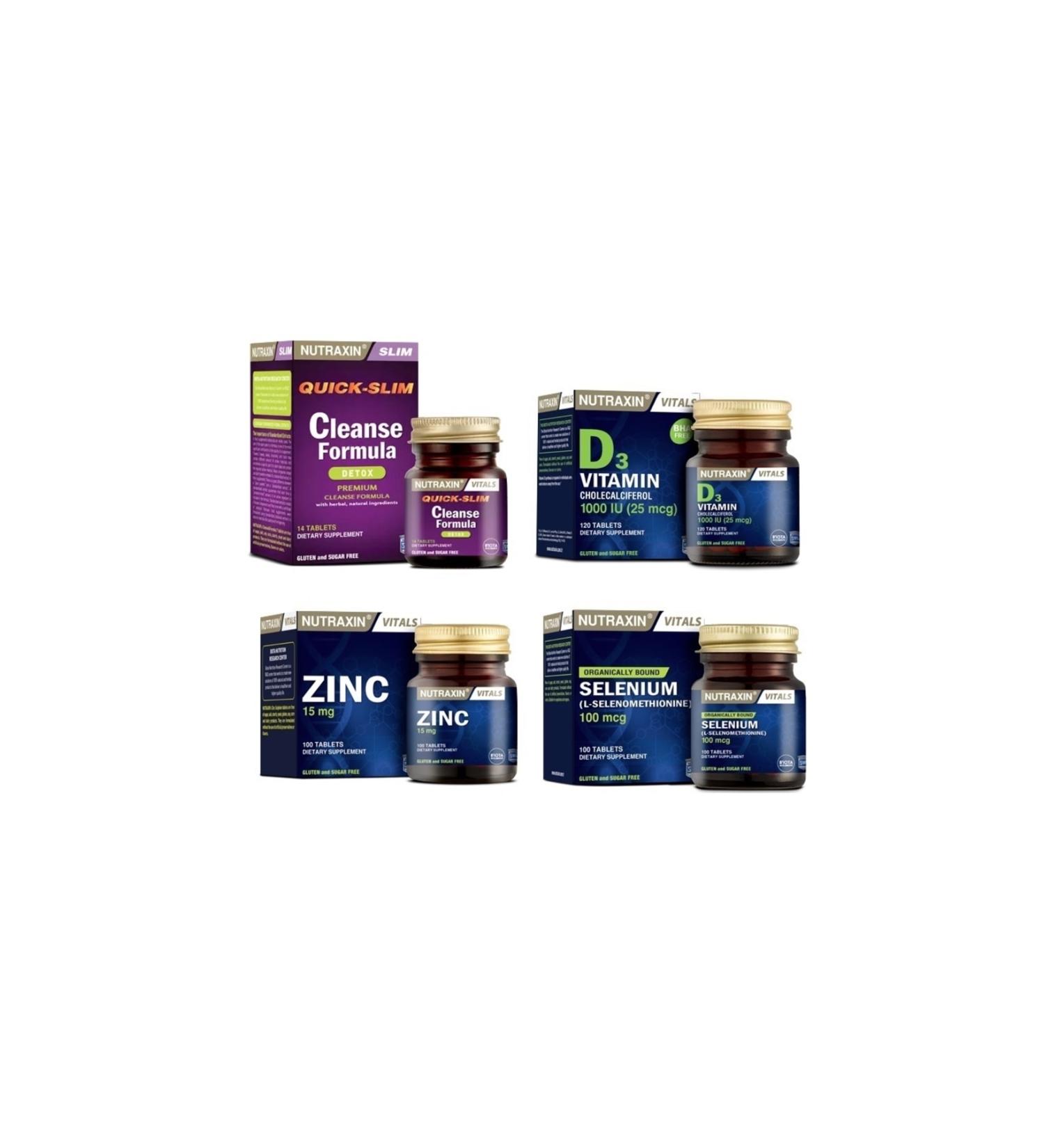 Nutraxin Cleanse Formula 7 Detox 14 Tablets + Selenium 100 Tablets + D3 Vitamin 120 Tablets + Zinc 100 Tablets
