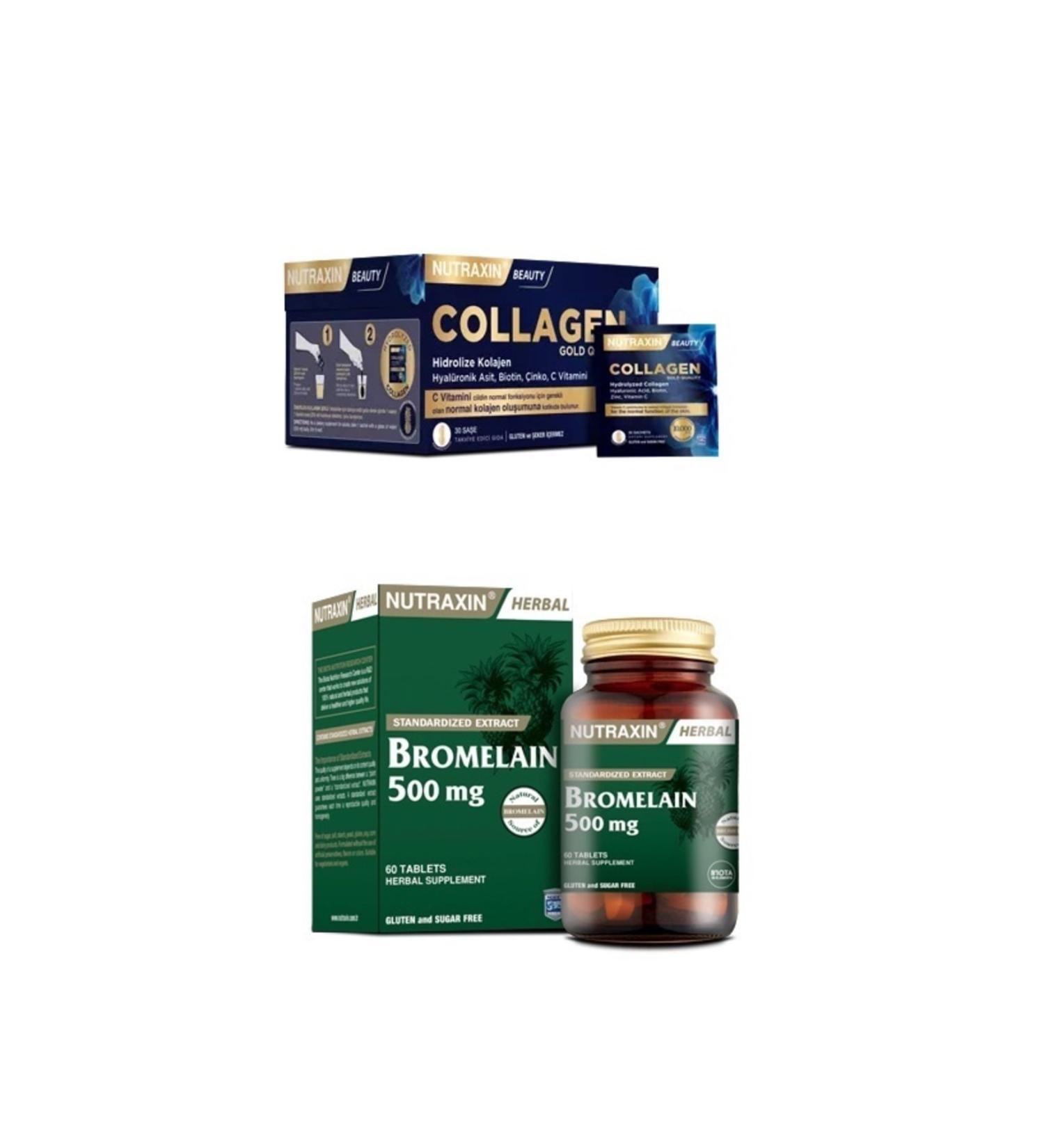 Nutraxin Collagen 30 Sachet 10000 Mg + Bromelain 500 Mg 60 Capsules