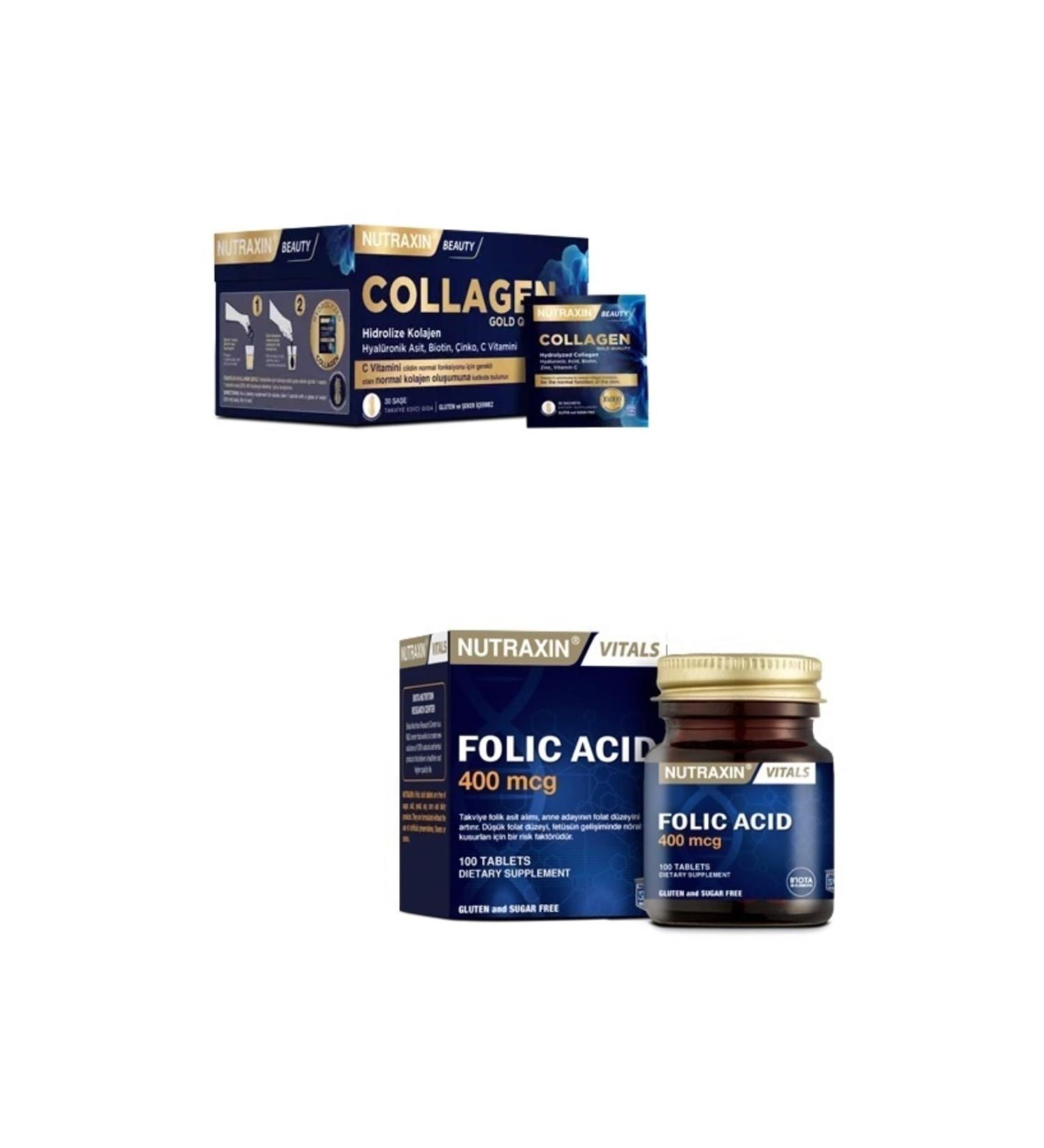 Nutraxin Collagen 30 Sachet 10000 Mg + Folic Acid Supplement 400 Mcg 100 Tablets