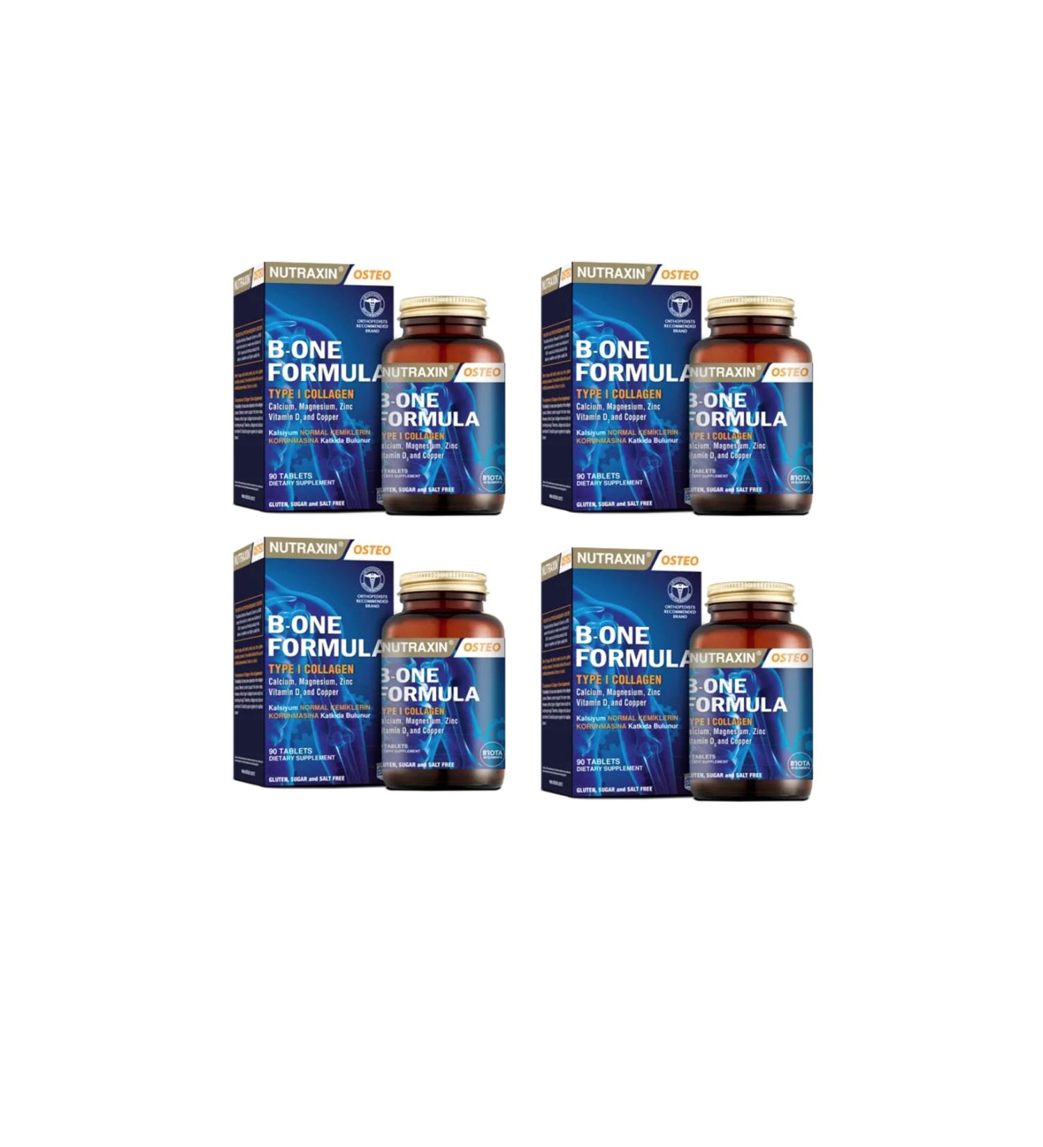 Nutraxin Hydrolyzed Collagen (type 1) magnesium zinc copper containing Food Supplement B-one Formula 90 Tablets x 4 Pieces