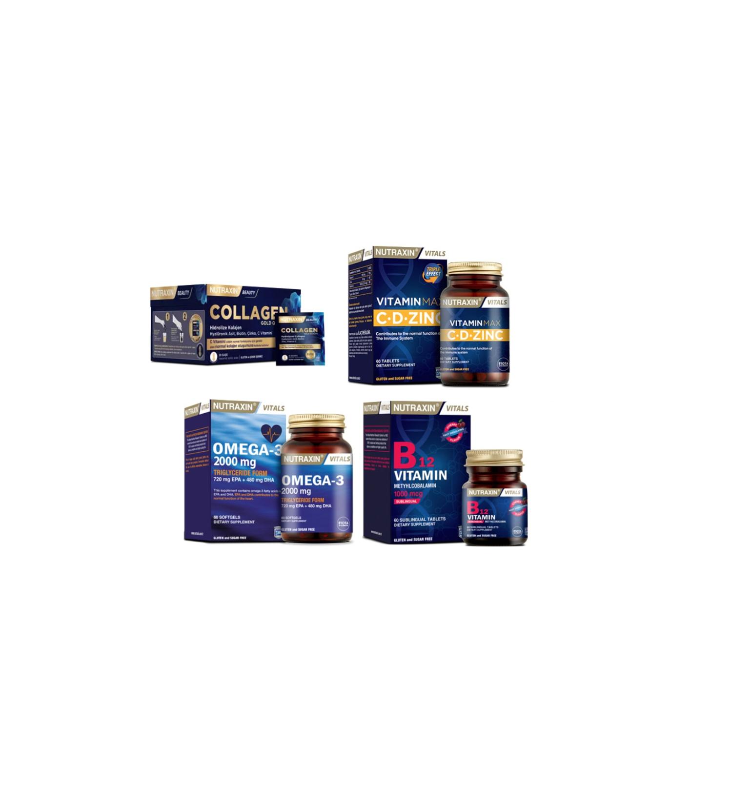 Nutraxin Collagen 30 Sachet 10000 Mg + Omega 3 Fish Oil 2000 Mg 60 Capsules + Vitamin Max 60 Tablets + Vitamin B12
