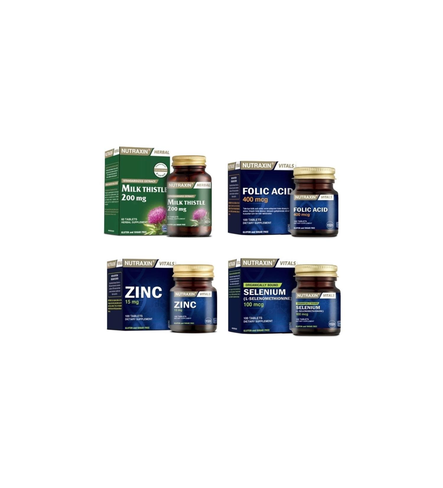 Nutraxin Milk Thistle 60 Tablets + Selenium 100 Tablets + Folic Acid 100 Tablets + Zinc 100 Tablets