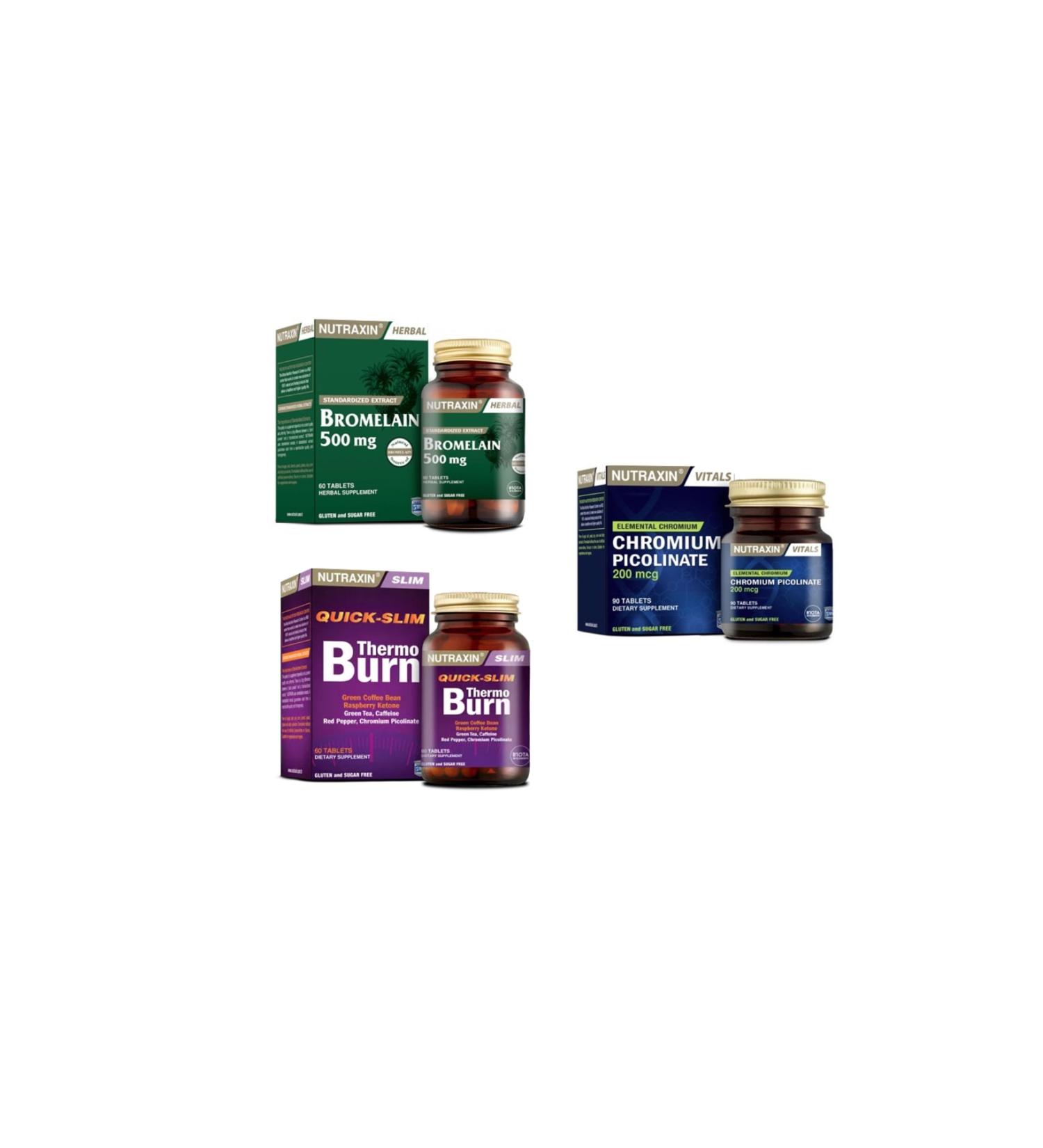 Nutraxin Ouick-slim Thermo Burn 60 Tablets + bromelain 500 Mg 60 Capsules + Chromium Picolinate (chrome) 90 Tablets