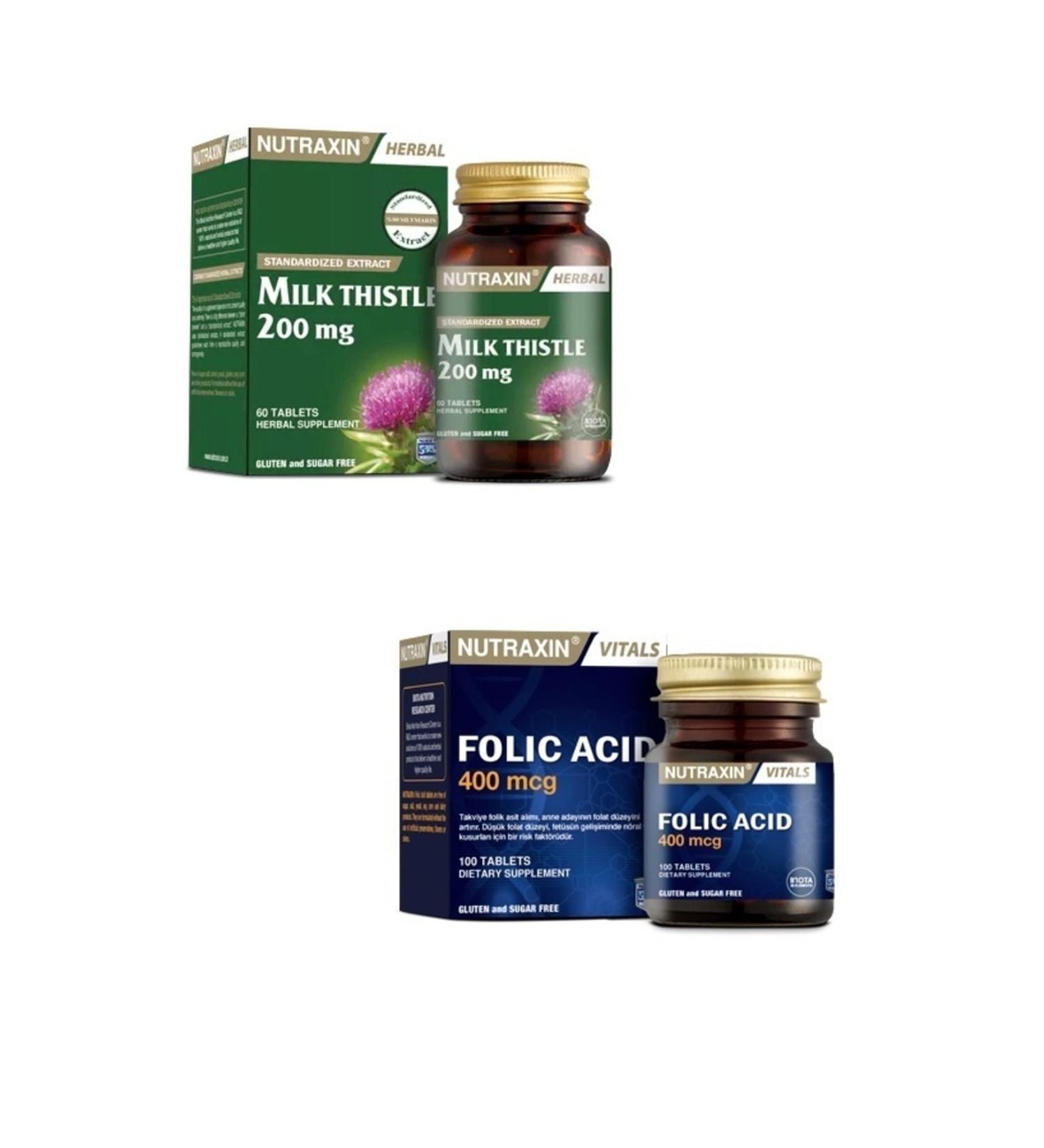 Nutraxin Milk Thistle 60 Tablets + Folic Acid Supplement 400 Mcg 100 Tablets