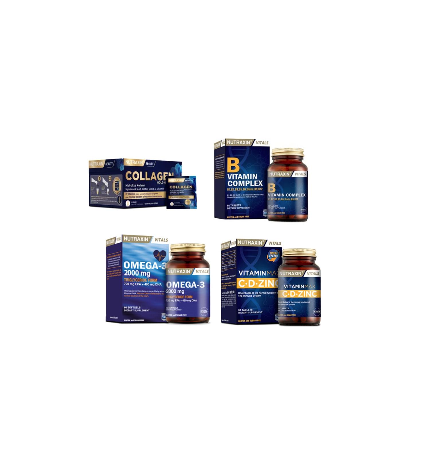 Nutraxin Collagen 30 Sachet 10000 Mg + Omega 3 Fish Oil 2000 Mg 60 Capsules + Vitamin Max 60 Tablets + Vitamin B