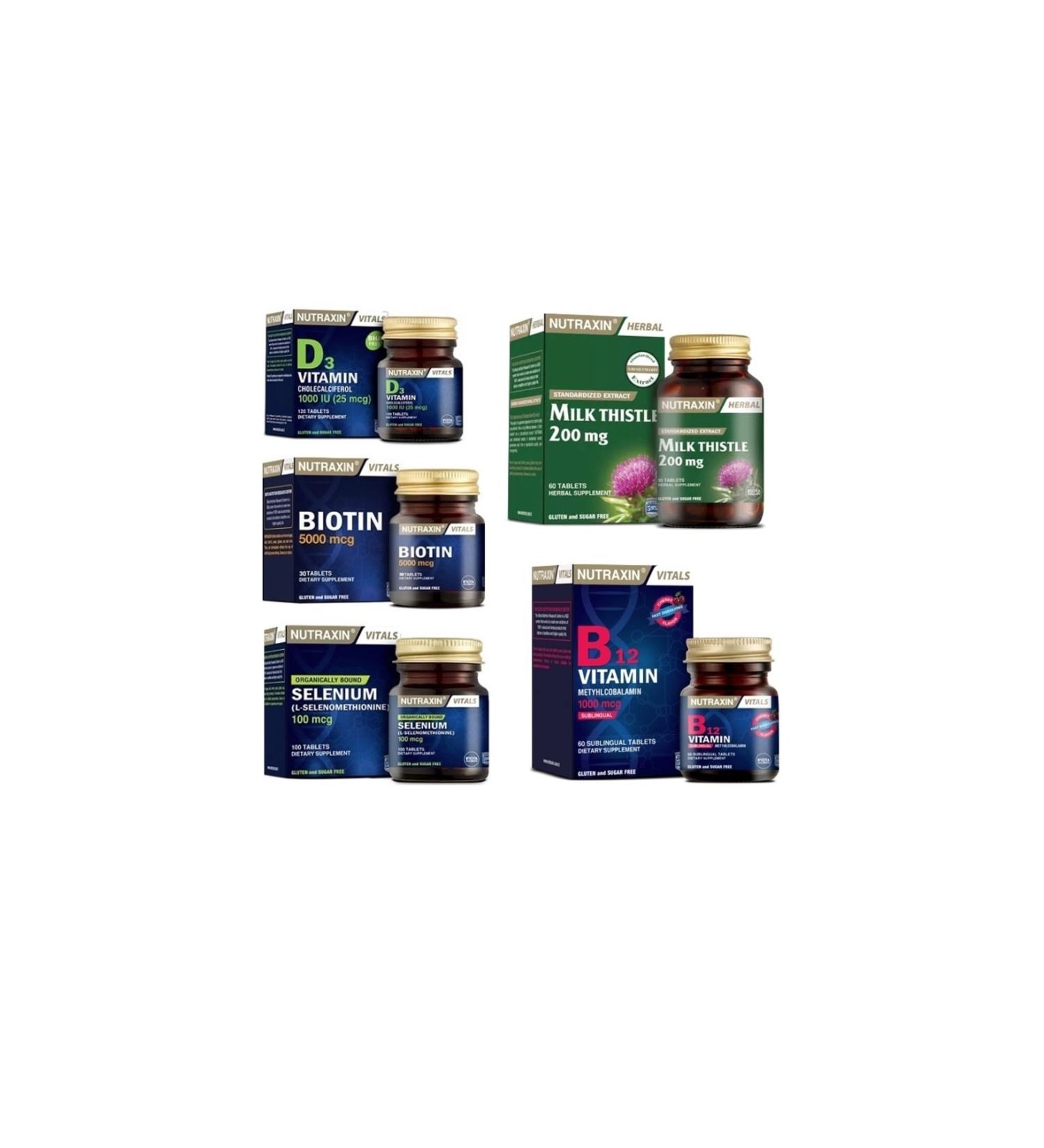 Nutraxin Milk Thistle 60 Tablets + Biotin + Selenium + Vitamin D3 + Vitamin B12 Sublingual