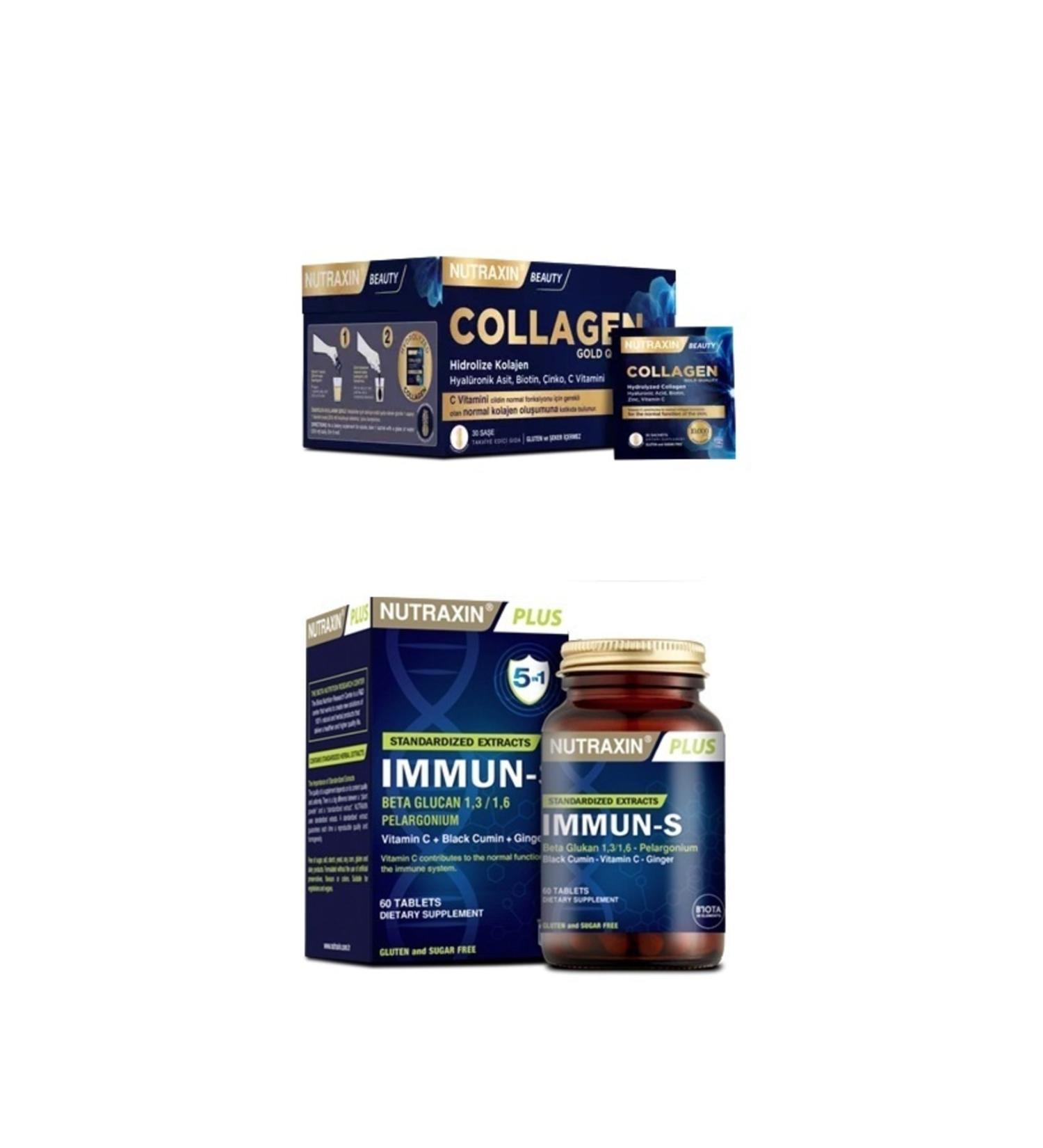 Nutraxin Collagen 30 Sachet 10000 Mg + 1.3 - 1.6 Beta-glucan Containing Immun-s 60 Tablets
