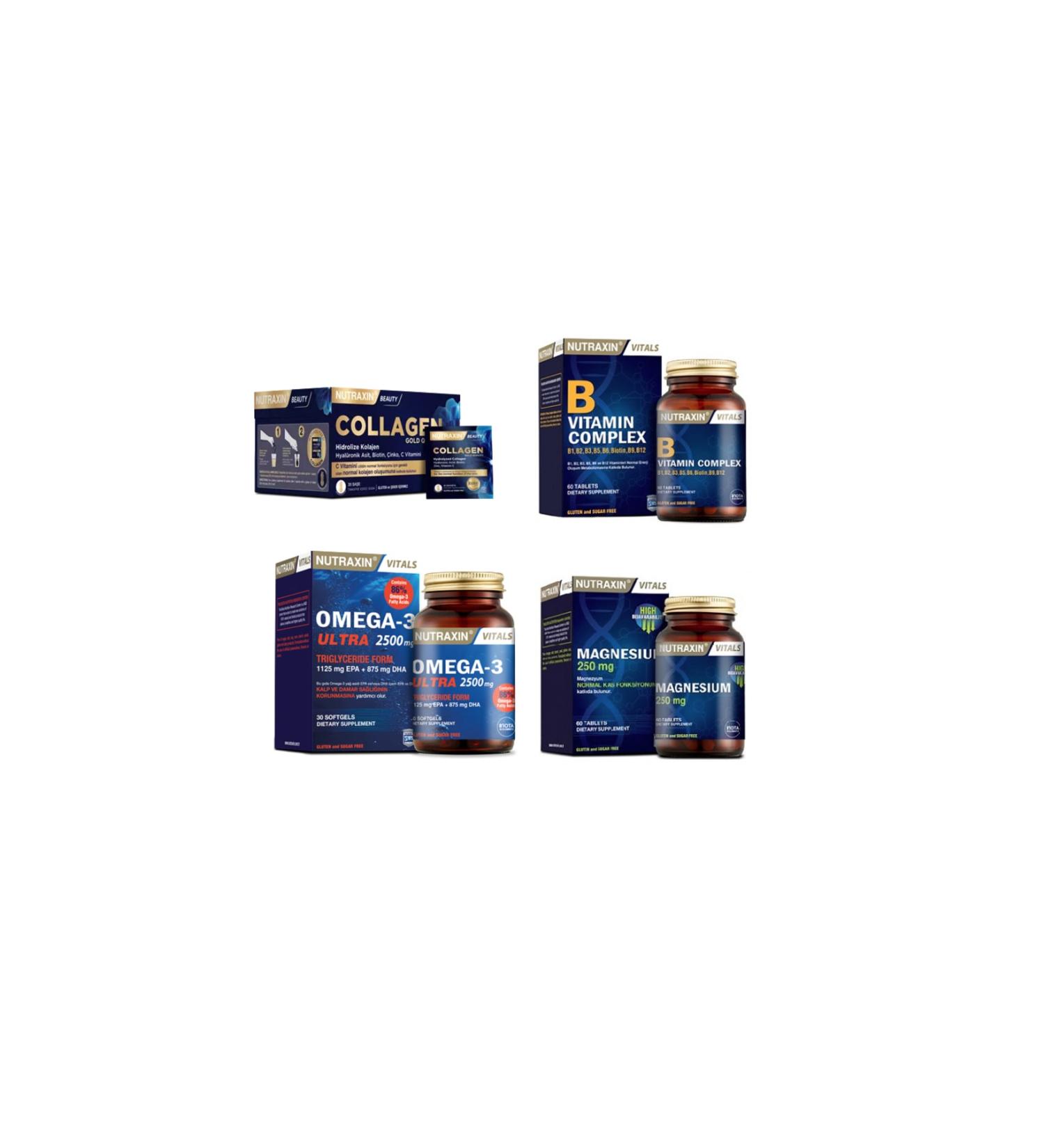 Nutraxin Collagen 30 Sachet 10000 Mg +omega 3 Ultra 2500 Mg 30 Capsules B Vitamin Complex +magnesium