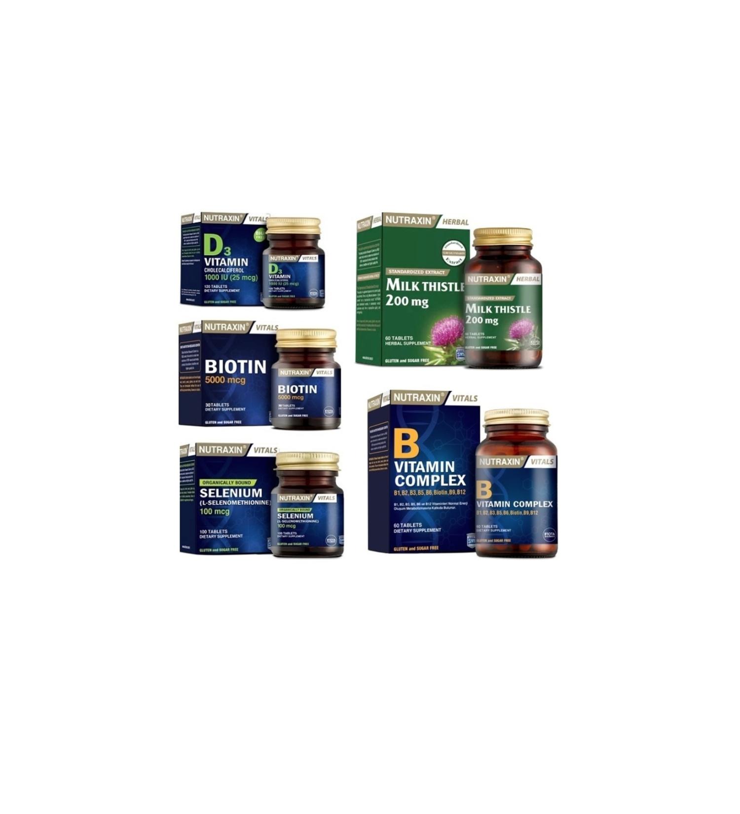 Nutraxin Milk Thistle 60 Tablets + Biotin + Selenium + Vitamin D3 + Vitamin B 60 Tablets
