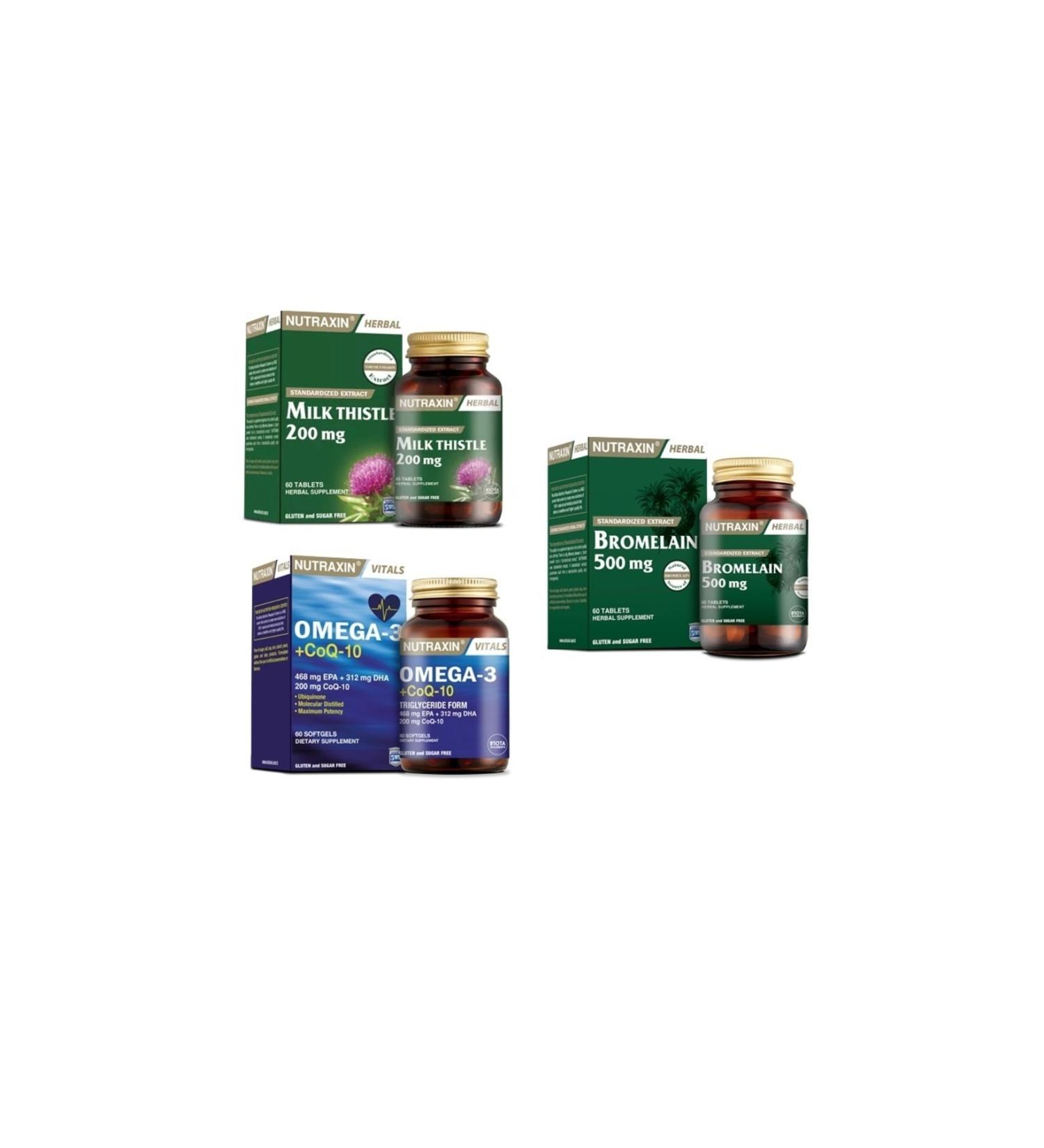 Nutraxin Milk Thistle 60 Tablets +omega 3 +coq-10(coenzyme) 60 Capsules + Bromelain 60 Capsules