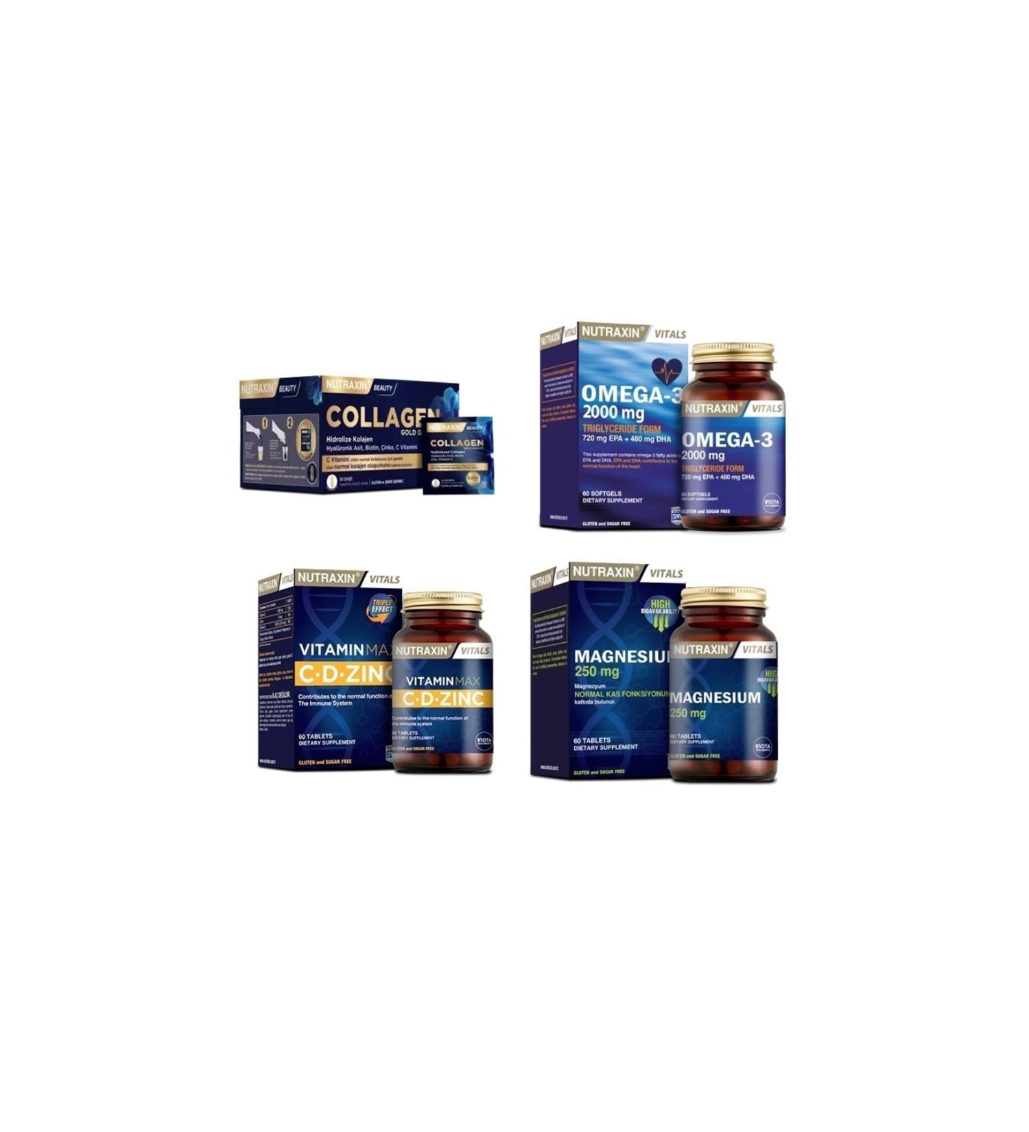 Nutraxin Collagen 30 Sachet 10000 Mg + omega 3 2000 Mg 60 Capsules + vitamin Max (c d zinc) 60 Tablets + magnesium