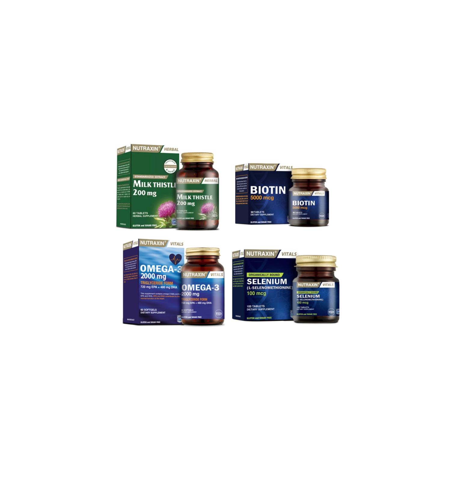 Nutraxin Milk Thistle 60 Tablets +omega 3 2000 Mg 60 Capsules +biotin 30 Tablets +selenium 100 Tablets