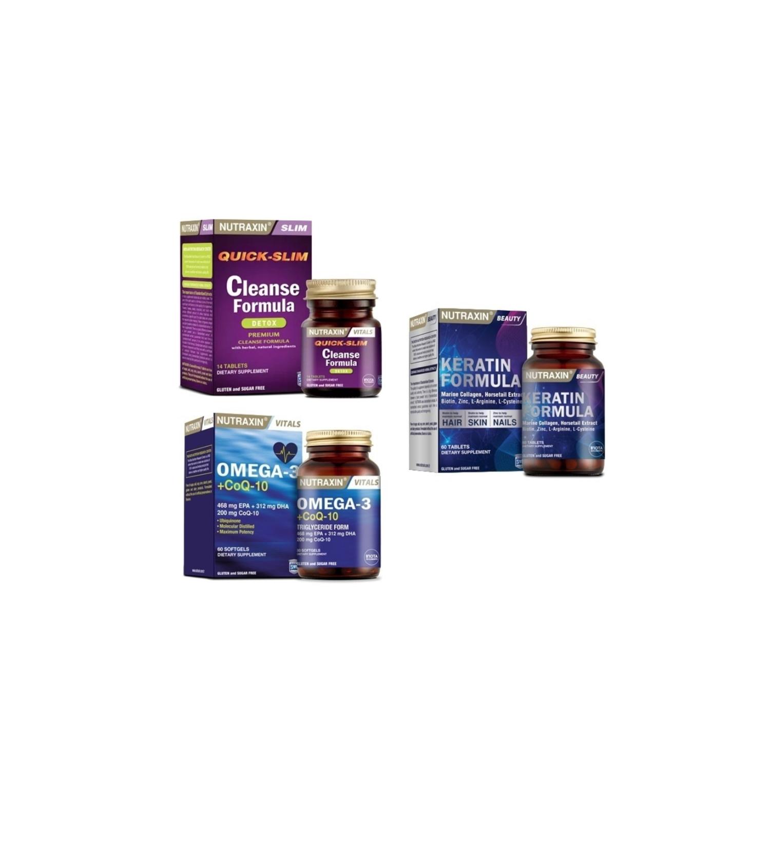 Nutraxin Cleanse Formula 7 Detox 14 Tablets + Omega 3 + coq-10 (coenzyme) 60 Capsules + Keratin Formula 60 Tablets