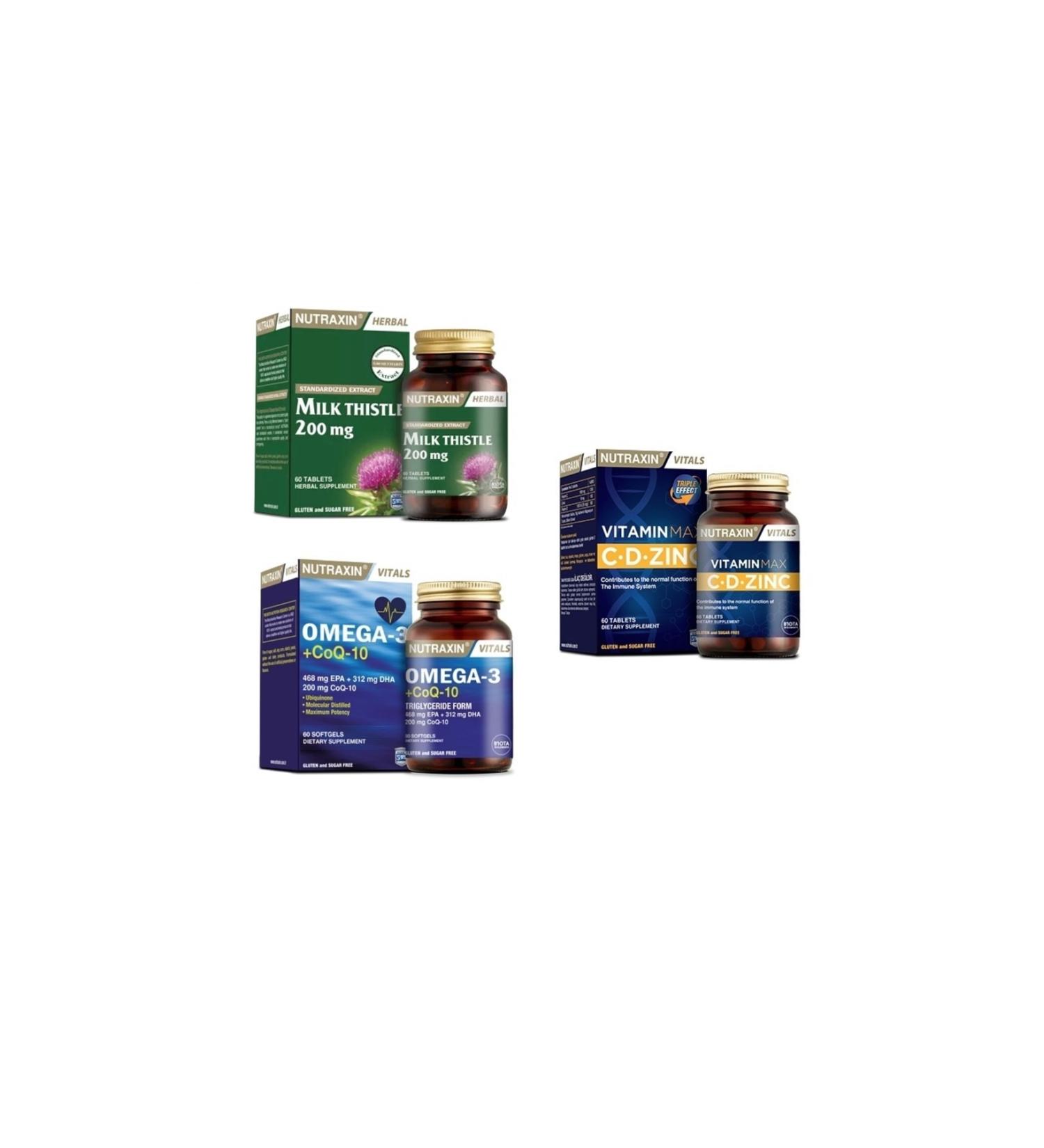 Nutraxin Milk Thistle 60 Tablets+omega 3 +coq-10(coenzyme)60 Capsule+vitamin Max (c d zinc)60 Tablets