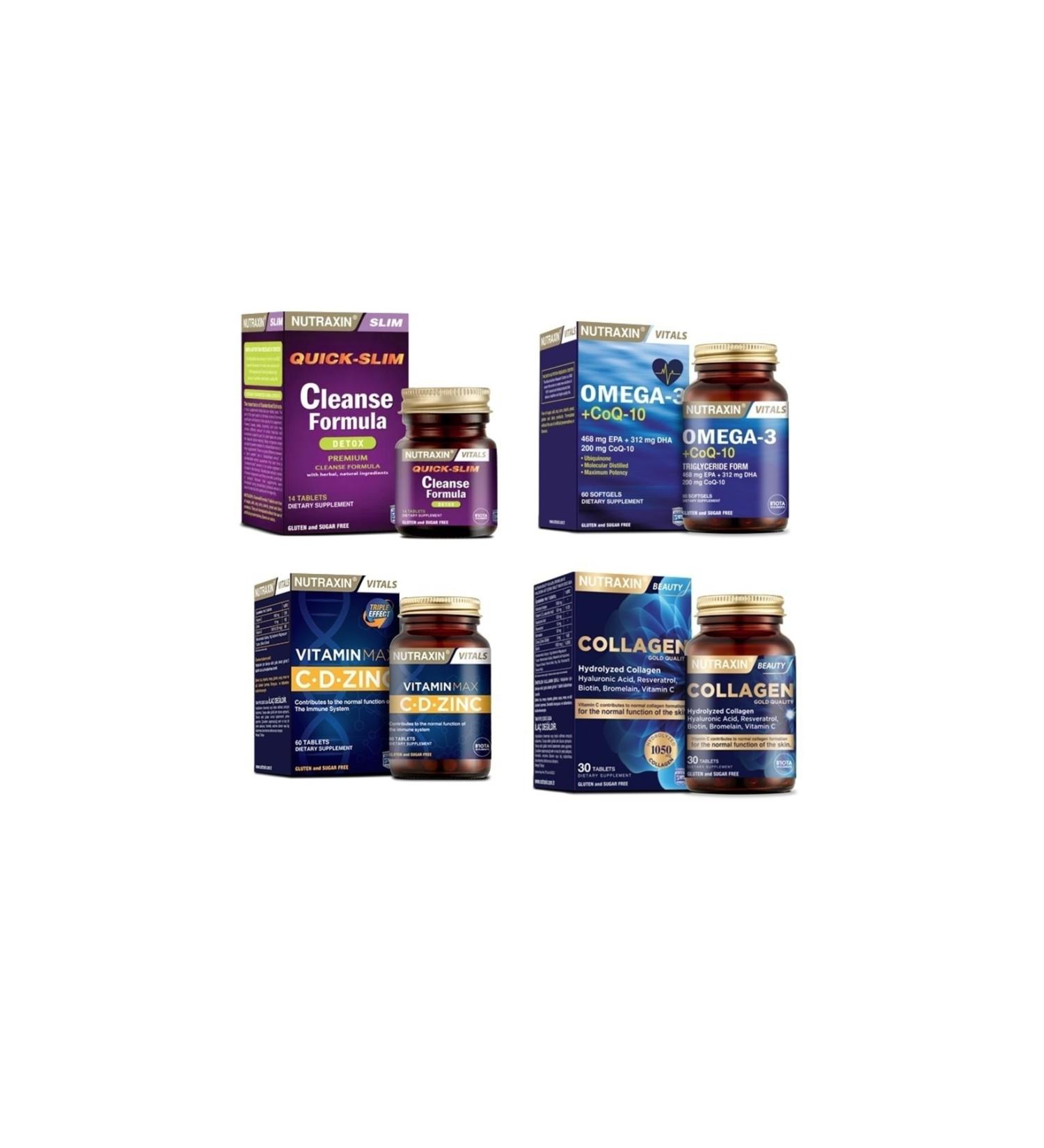 Nutraxin Cleanse Formula 7 Detox 14 Tablets omega 3 coq-10 60 Capsules vitamin Max collagen 30 Tablets