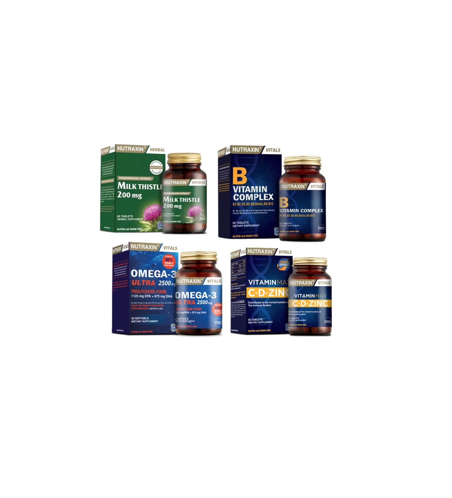 Nutraxin Milk Thistle 60 Tablets+omega 3 Ultra 2500 Mg 30 Capsules+vitamin Max 60 Tablets+Vitamin B 60 Tablets
