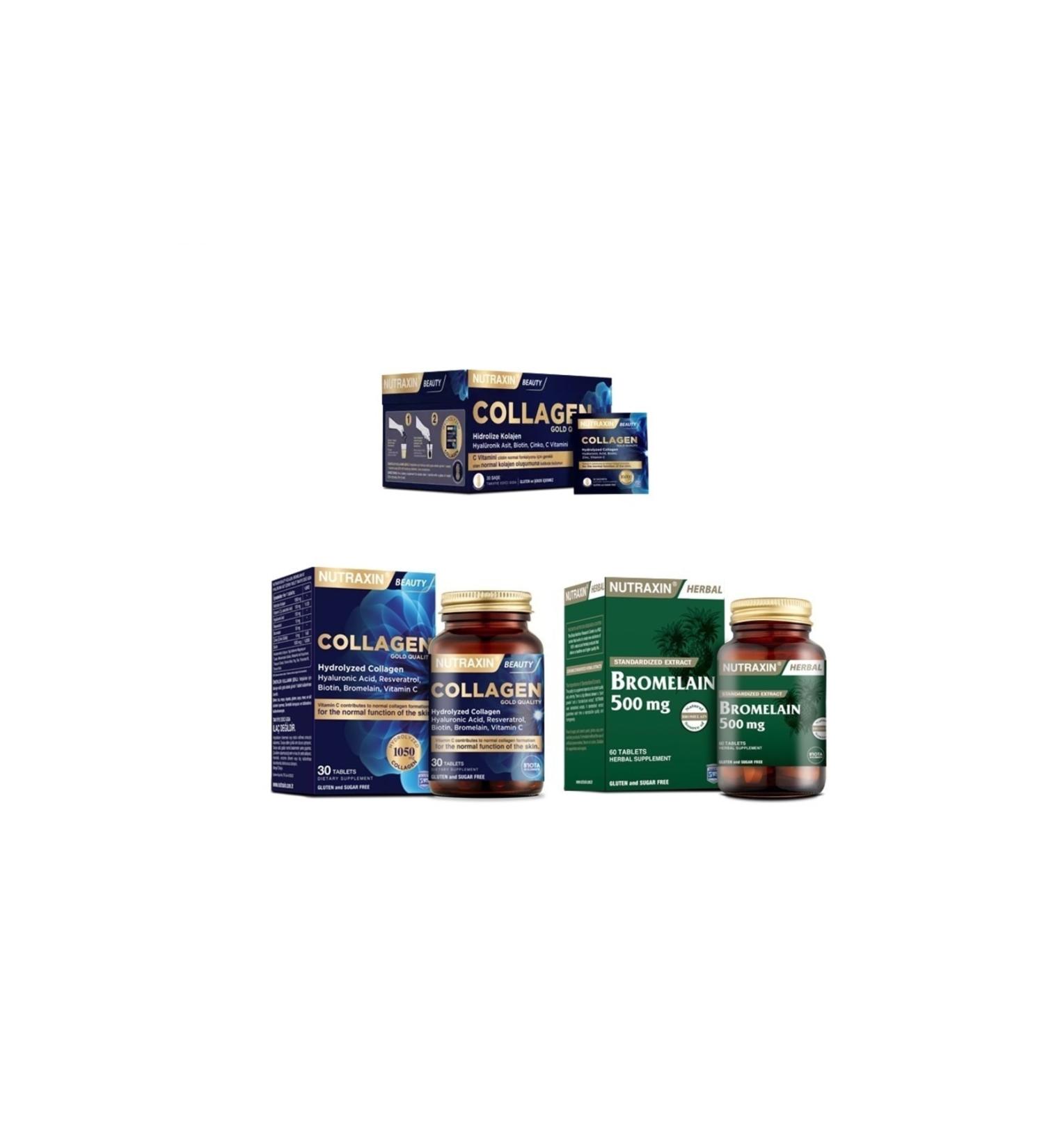 Nutraxin Collagen 30 Sachet 10000 Mg + Hydrolyzed Collagen 30 Tablets + Bromelain 60 Capsules