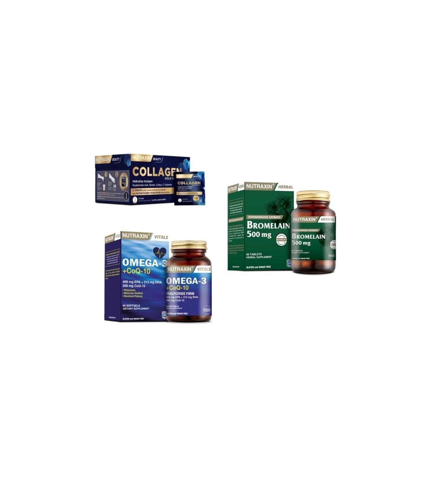 Nutraxin Collagen 30 Sachet 10000 Mg +omega 3 +coq-10(coenzyme) 60 Capsules + Bromelain 60 Capsules
