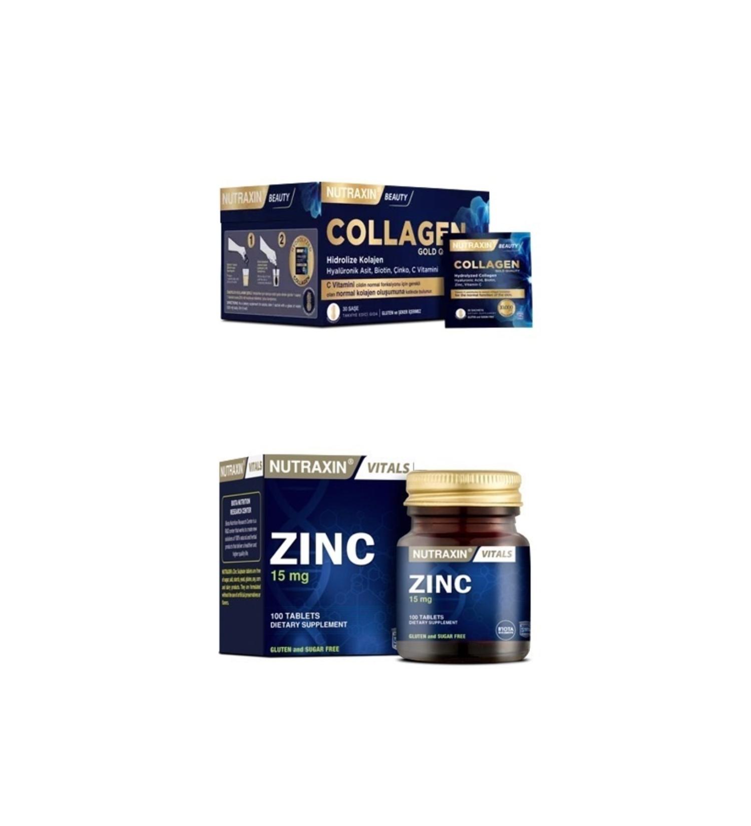 Nutraxin Collagen 30 Sachet 10000 Mg + Zinc Supplement 15 Mg 100 Tablets