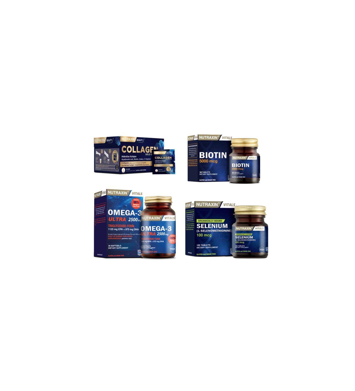 Nutraxin Collagen 30 Sachet 10000 Mg +omega 3 Ultra 2500 Mg 30 Capsules + biotin 30 Tablets + selenium 100 Tablets