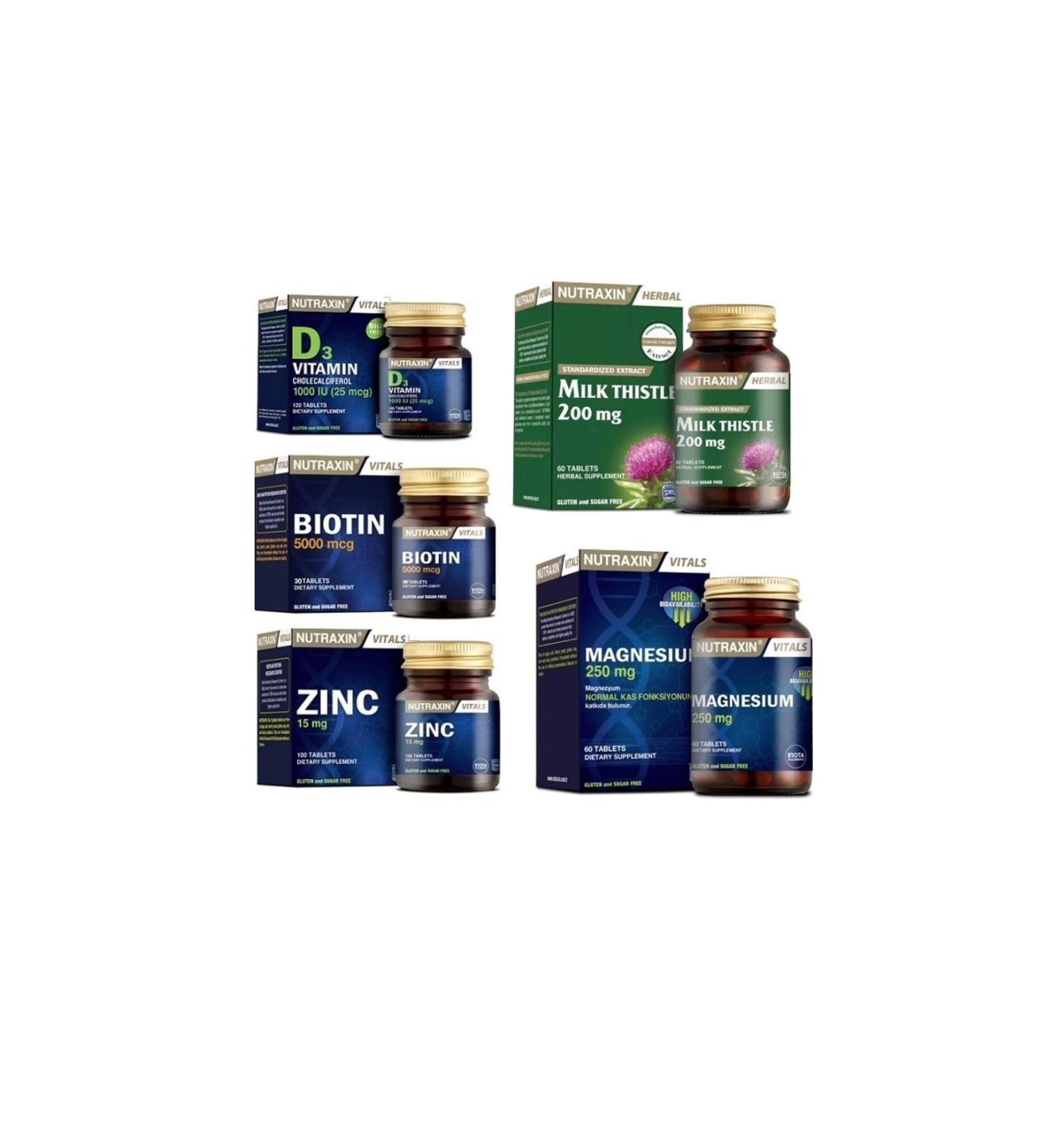 Nutraxin Milk Thistle 60 Tablets + Biotin + Vitamin D3 + Zinc and Magnesium Supplement