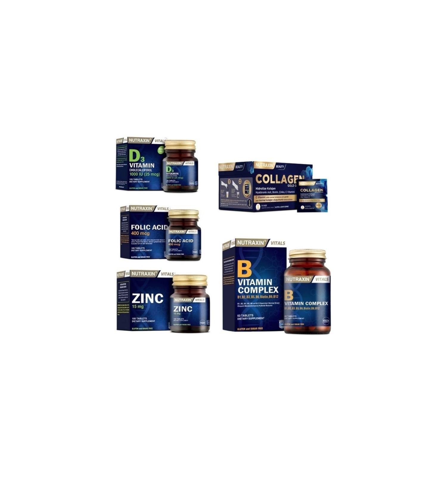 Nutraxin Collagen 30 Sachet 10000 Mg + Folic Acid + Zinc + Vitamin D3 + Vitamin B 60 Tablets