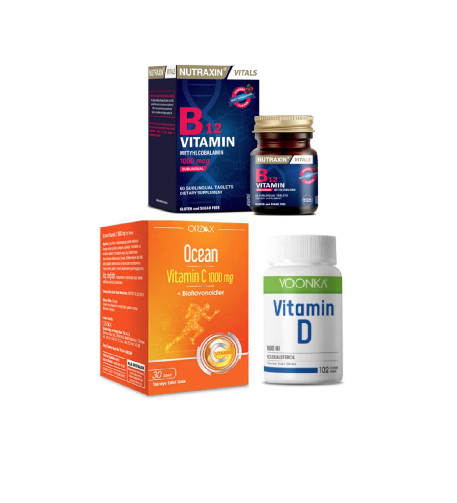 Nutraxin Vitamin B12 60 Sublingual Tablets + Voonka Vitamin D 102 Capsules + Ocean Vitamin C 1000 Mg 30 Tablets