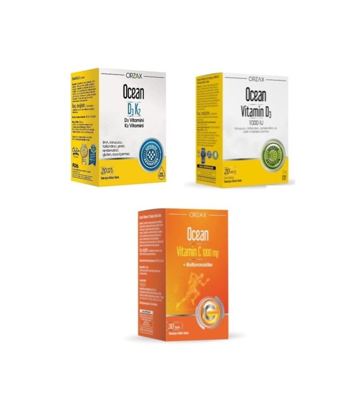 Ocean D3k2 Vitamin 20 ml Drop+ocean D3 1000 Iu Spray+ocean 1000 Mg Vitamin C 30 Tablets