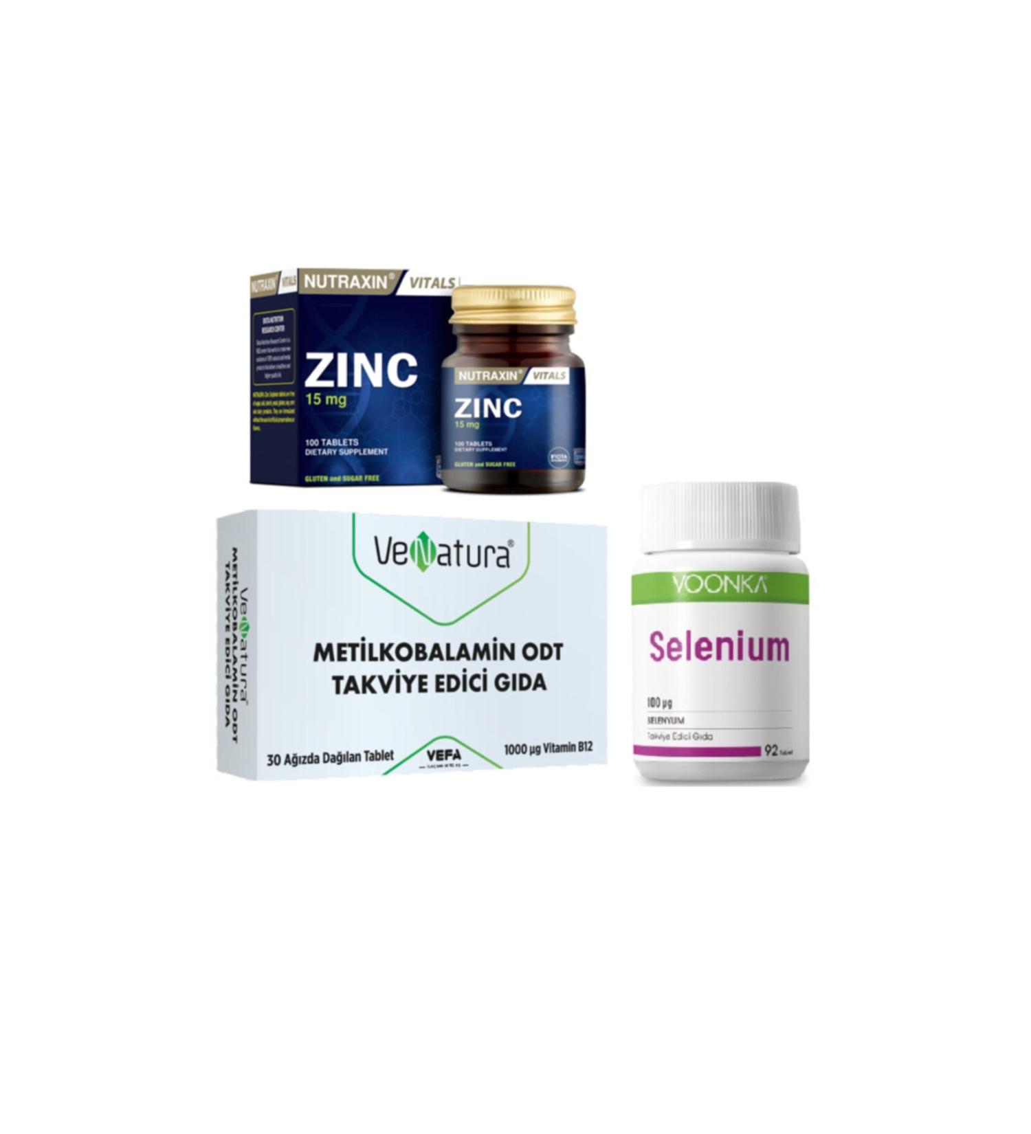 Venatura Vitamin B12 30 Tablets + Nutraxin Zinc 15mg 100 Tablets + Voonka Selenium 100mcg 92 Tablets