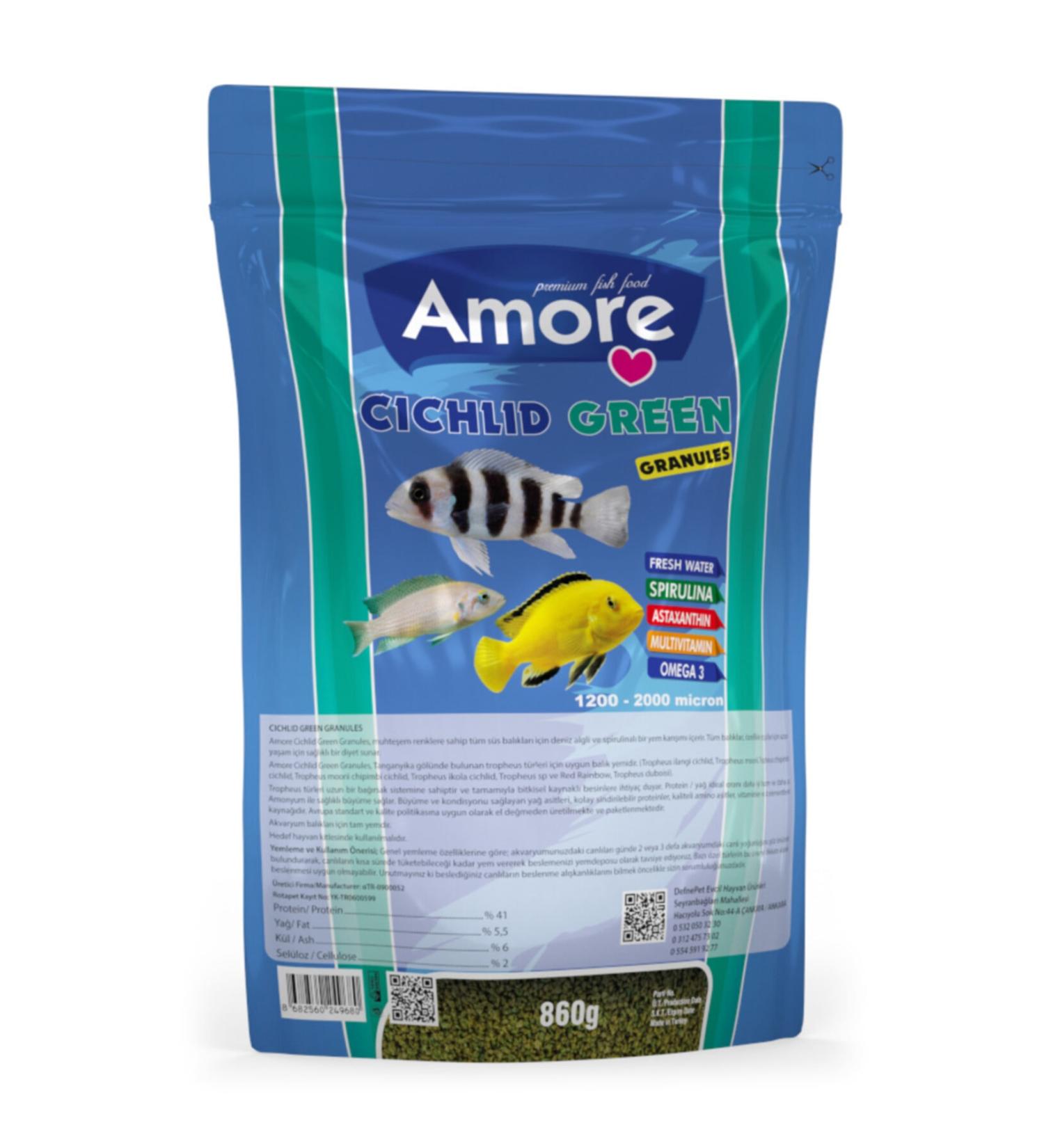 AMORE Cichlid Green Granules Malawi American Tanganyika Cichlid Herbal 860 gr Spirulina Fish Food