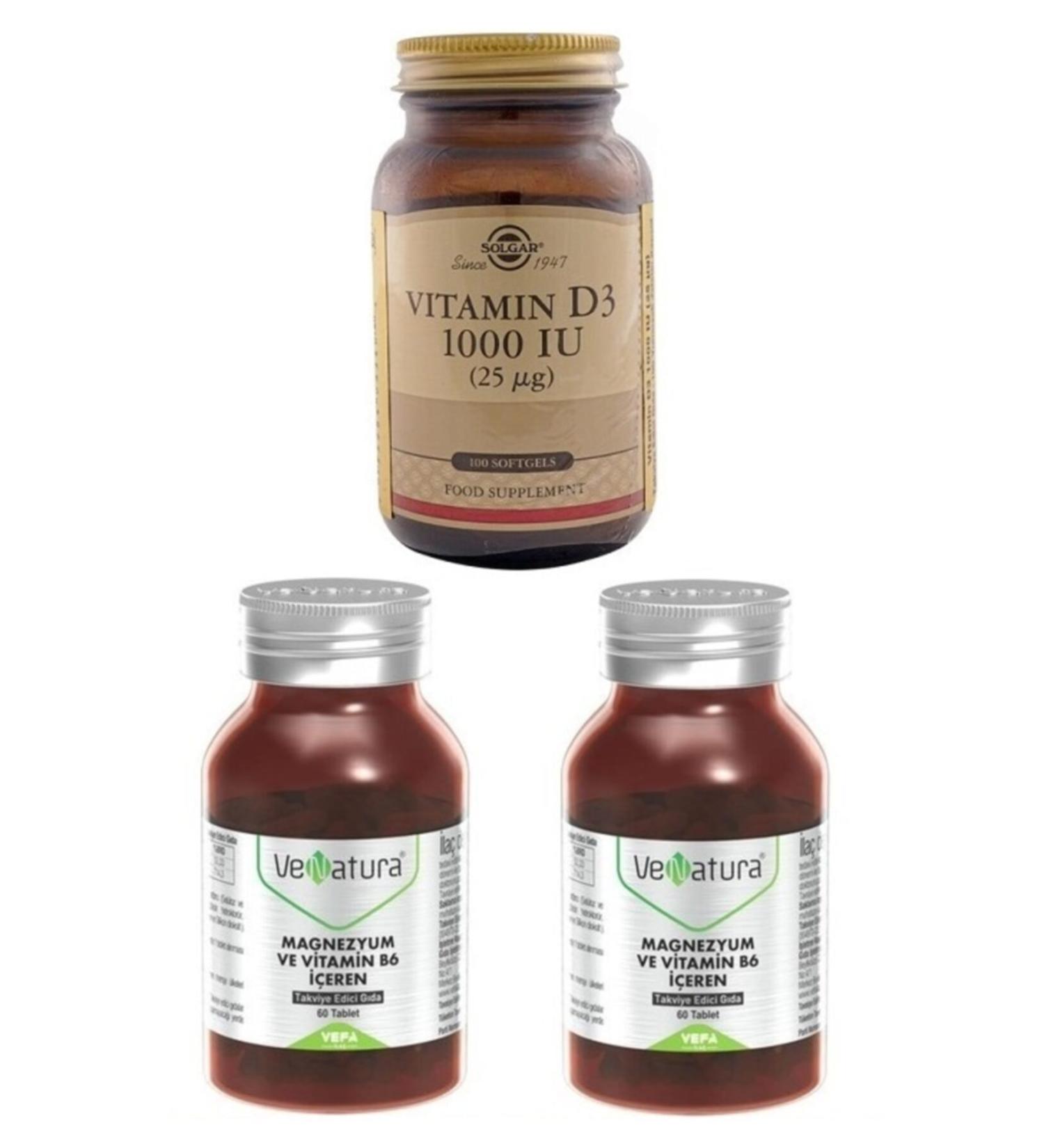 Venatura Magnesium 200mg Vitamin B6 10mg Containing Supplementary Food 60 Tablets * 2 Pieces + Solgar D3 100 Softgel