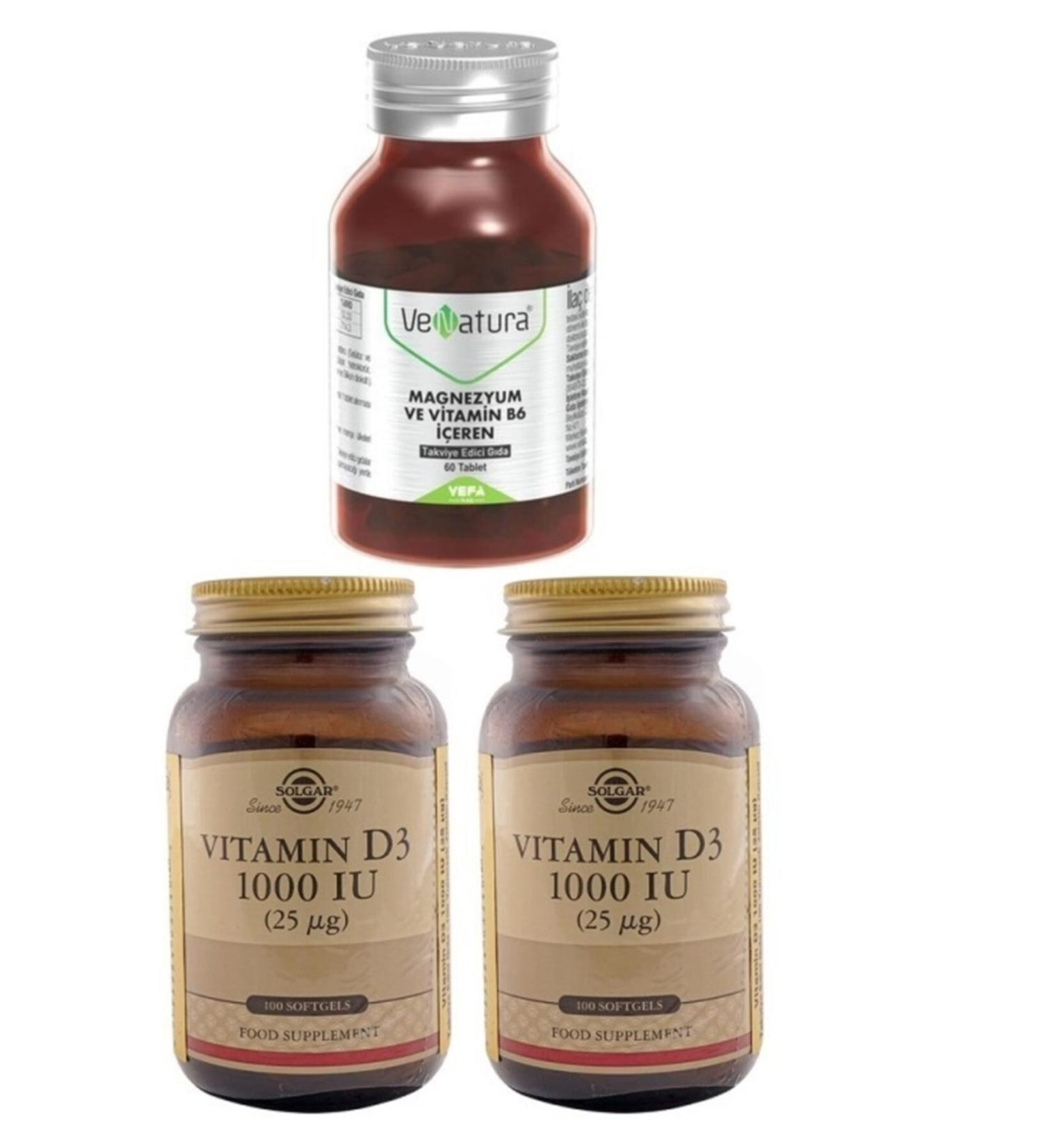 Venatura Solgar 1000 Iu D3 100 Softgel*2 Pieces+Magnesium 200mg Vitamin B6 10 Mg Containing Supplementary Food 60 Tablets