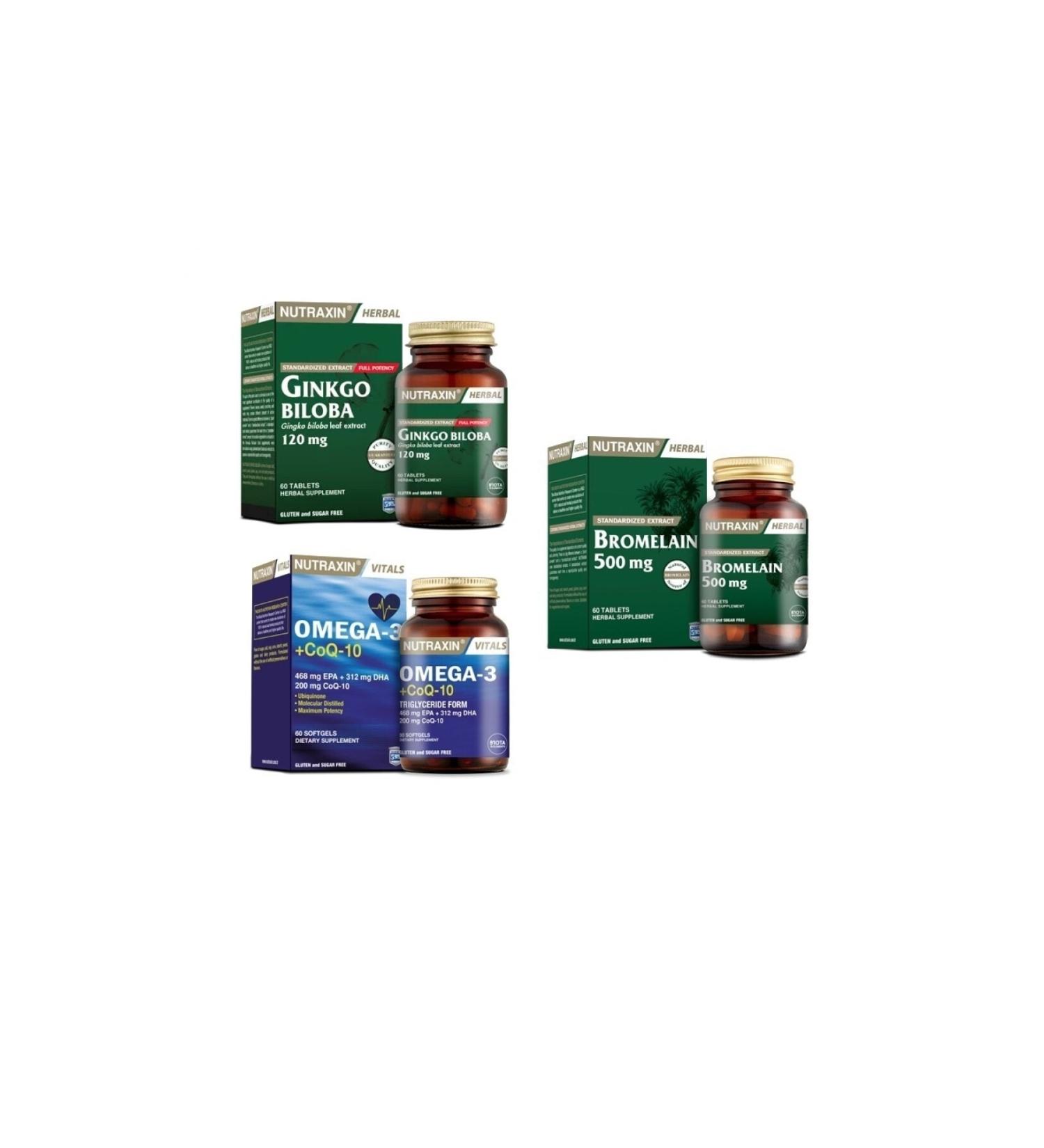 Nutraxin Ginkgo Biloba 60 Tablets +omega 3 +coq-10(coenzyme) 60 Capsules + Bromelain 60 Capsules
