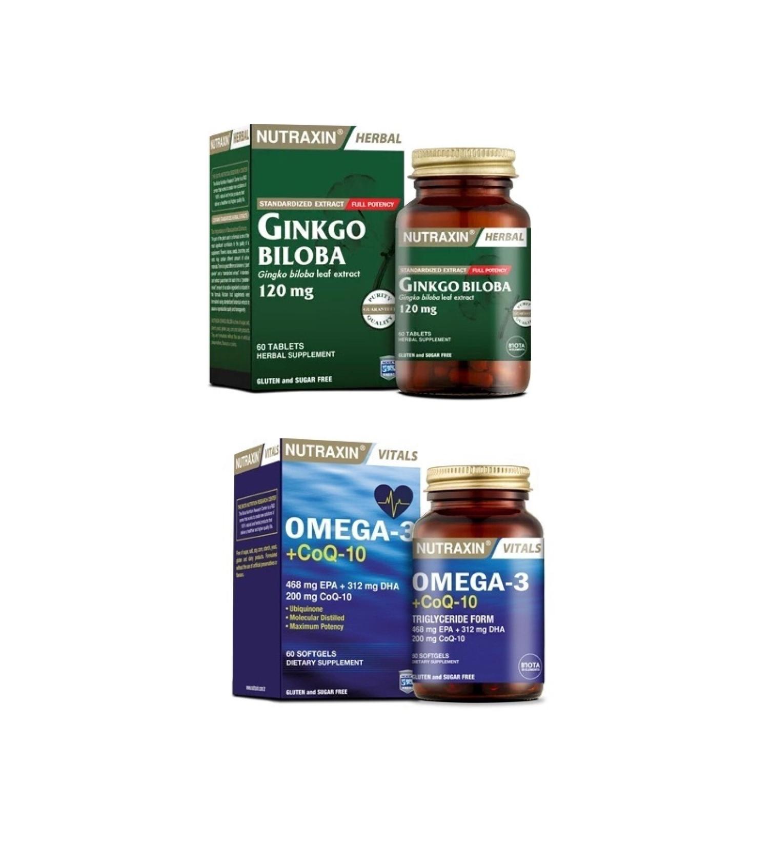 Nutraxin Ginkgo Biloba 60 Tablets + Omega-3 + coq-10 60 Capsules with Coenzyme Q10