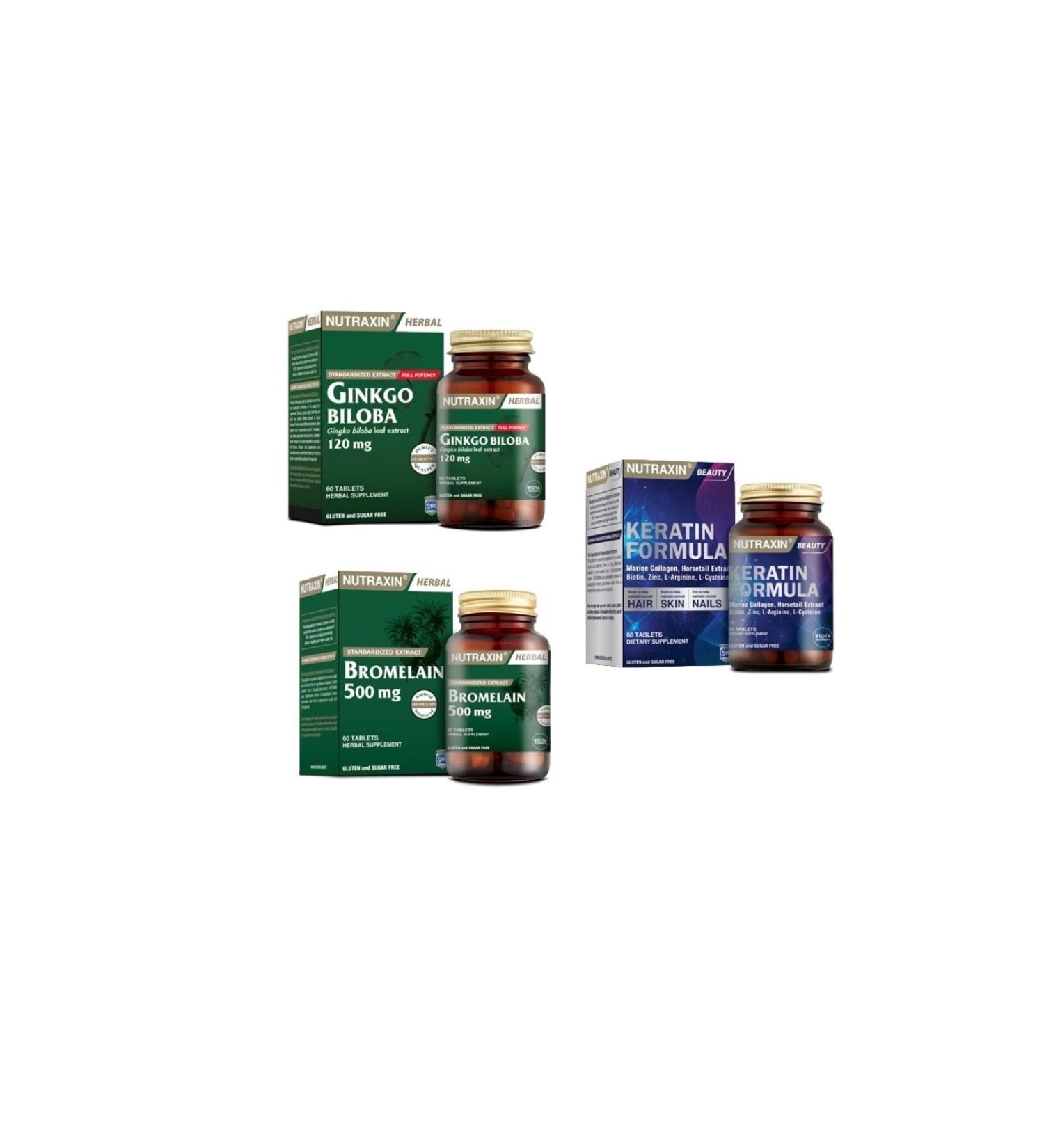 Nutraxin Ginkgo Biloba 60 Tablets + Bromelain 60 Capsules + Keratin Formula 60 Tablets