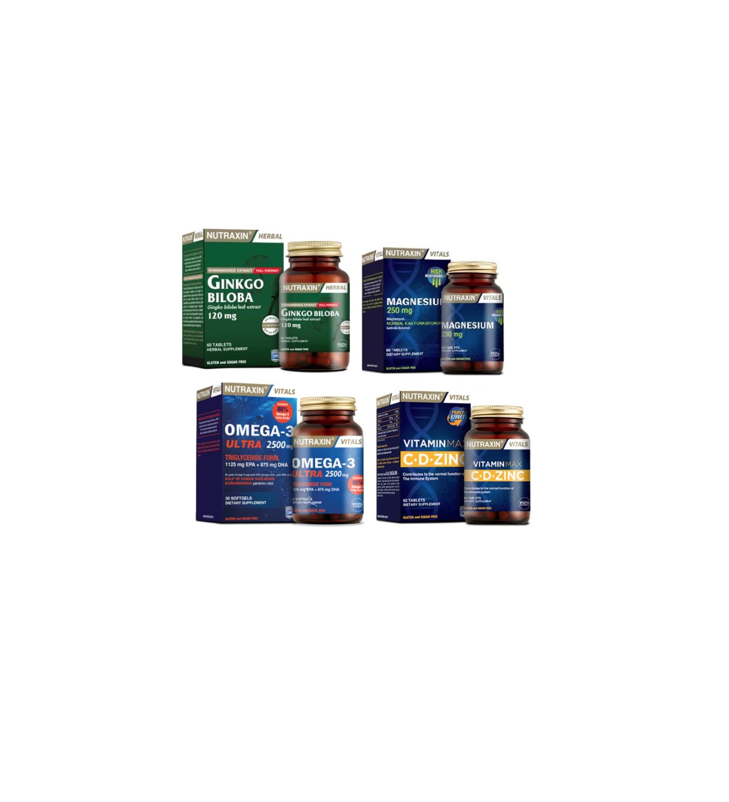 Nutraxin Ginkgo Biloba 60 Tablets+omega 3 Ultra 2500 Mg 30 Capsules+vitamin Max 60 Tablets+magnesium 60 Tablets