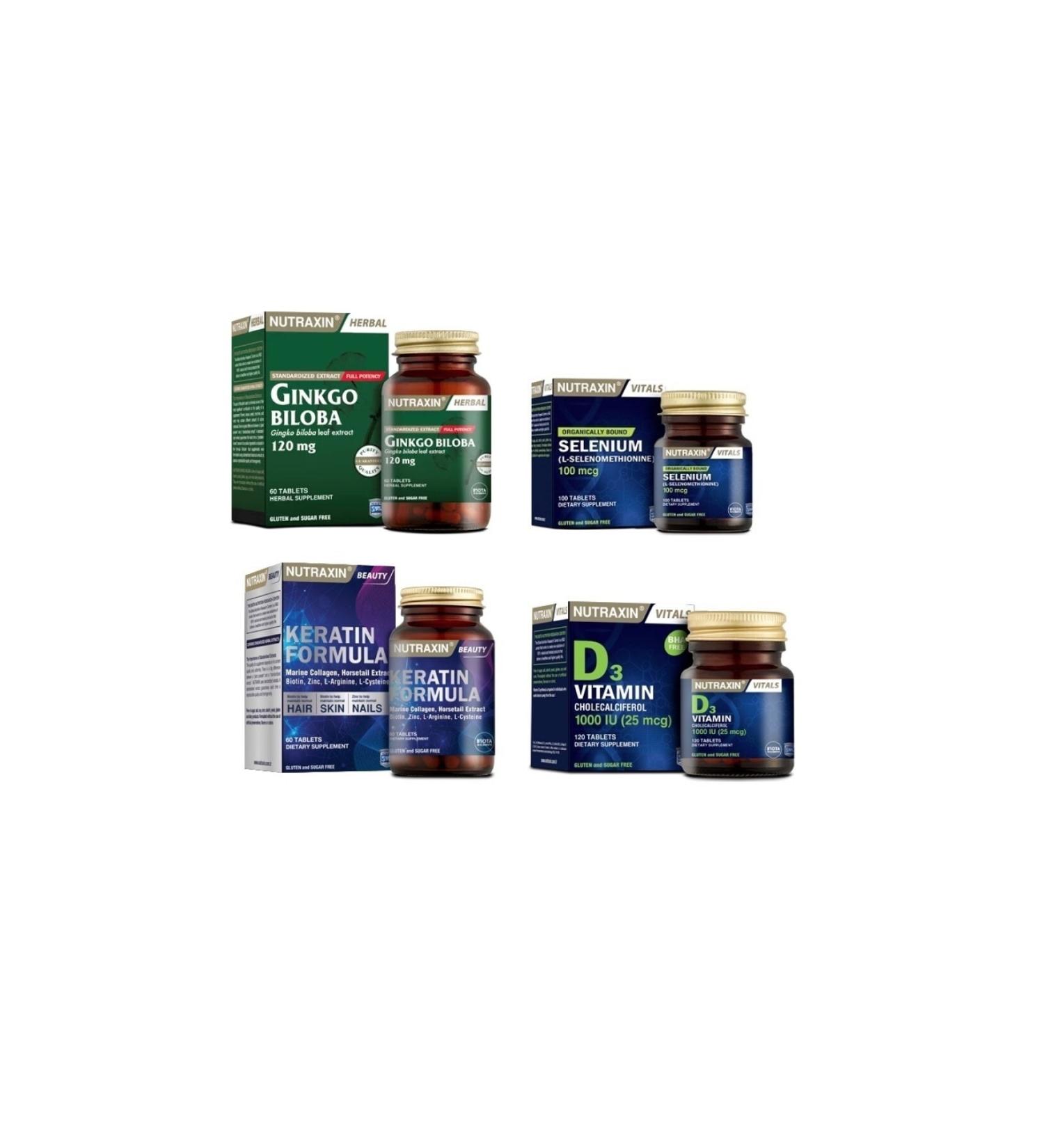Nutraxin Ginkgo Biloba 60 Tablets+selenium 100 Tablets+keratin Formula 60 Tablets+Vitamin D3 120 Tablets