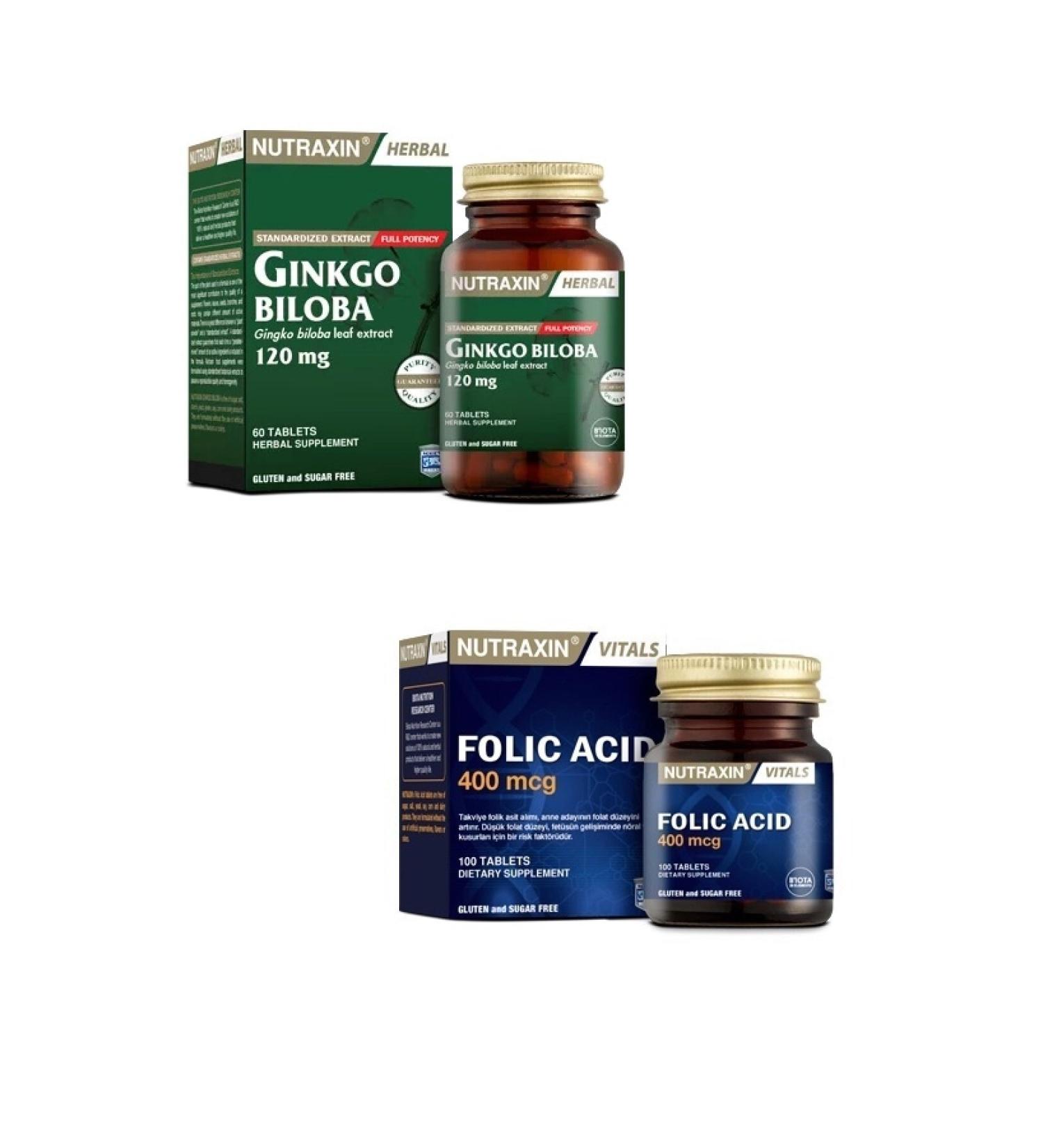 Nutraxin Ginkgo Biloba 60 Tablets + Folic Acid Supplement 400 Mcg 100 Tablets
