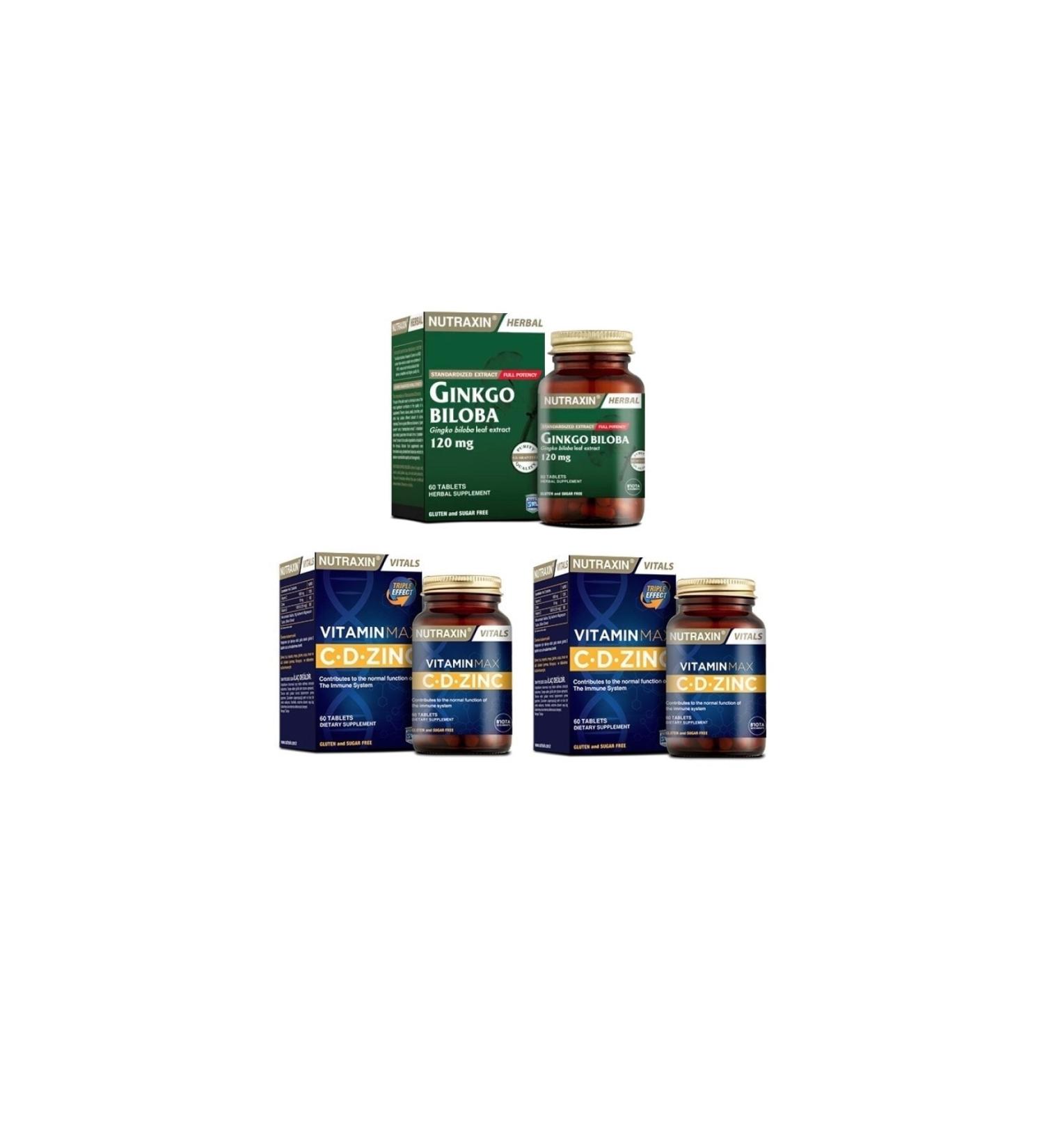Nutraxin Ginkgo Biloba 60 Tablets + Vitamin Max (c d zinc) 60 Tablets X2 Pieces
