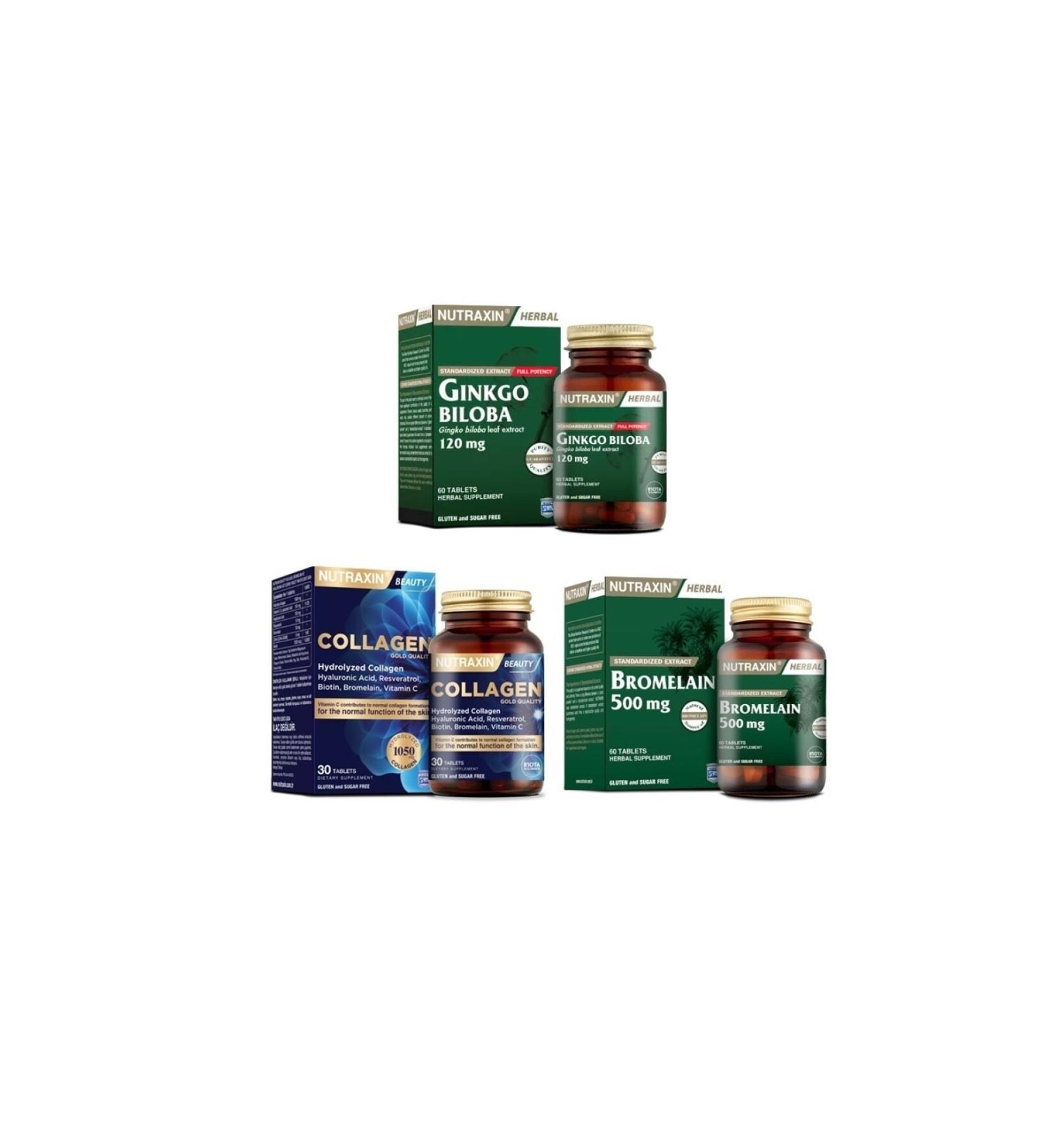 Nutraxin Biloba 60 Tablets Hydrolyzed Collagen 30 Tablets Bromelain 60 Capsules