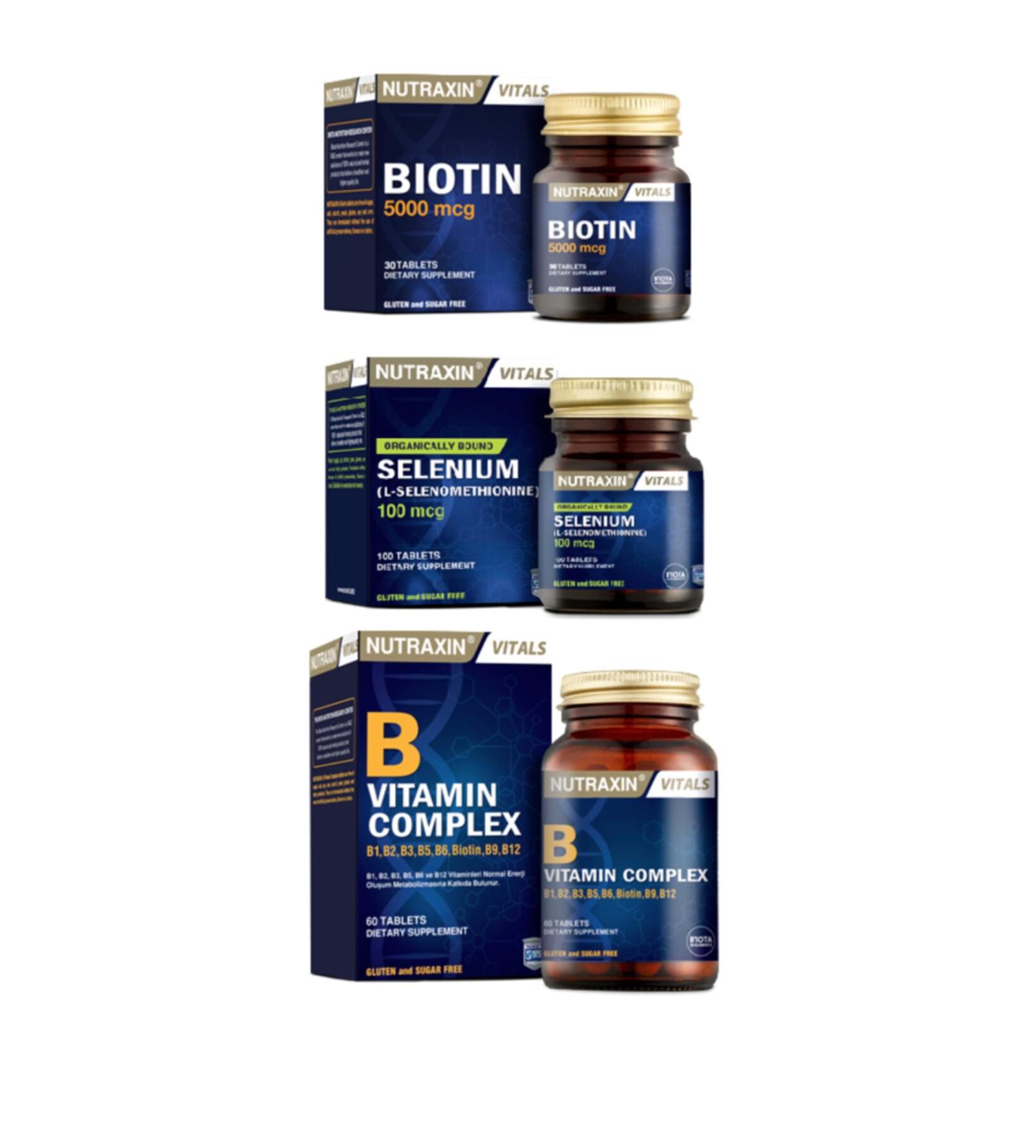 Nutraxin B Vitamin Complex 60 Tablets + Biotin 5000 Mcg 30 Tablets + Selenium 100 Mcg 100 Tablets