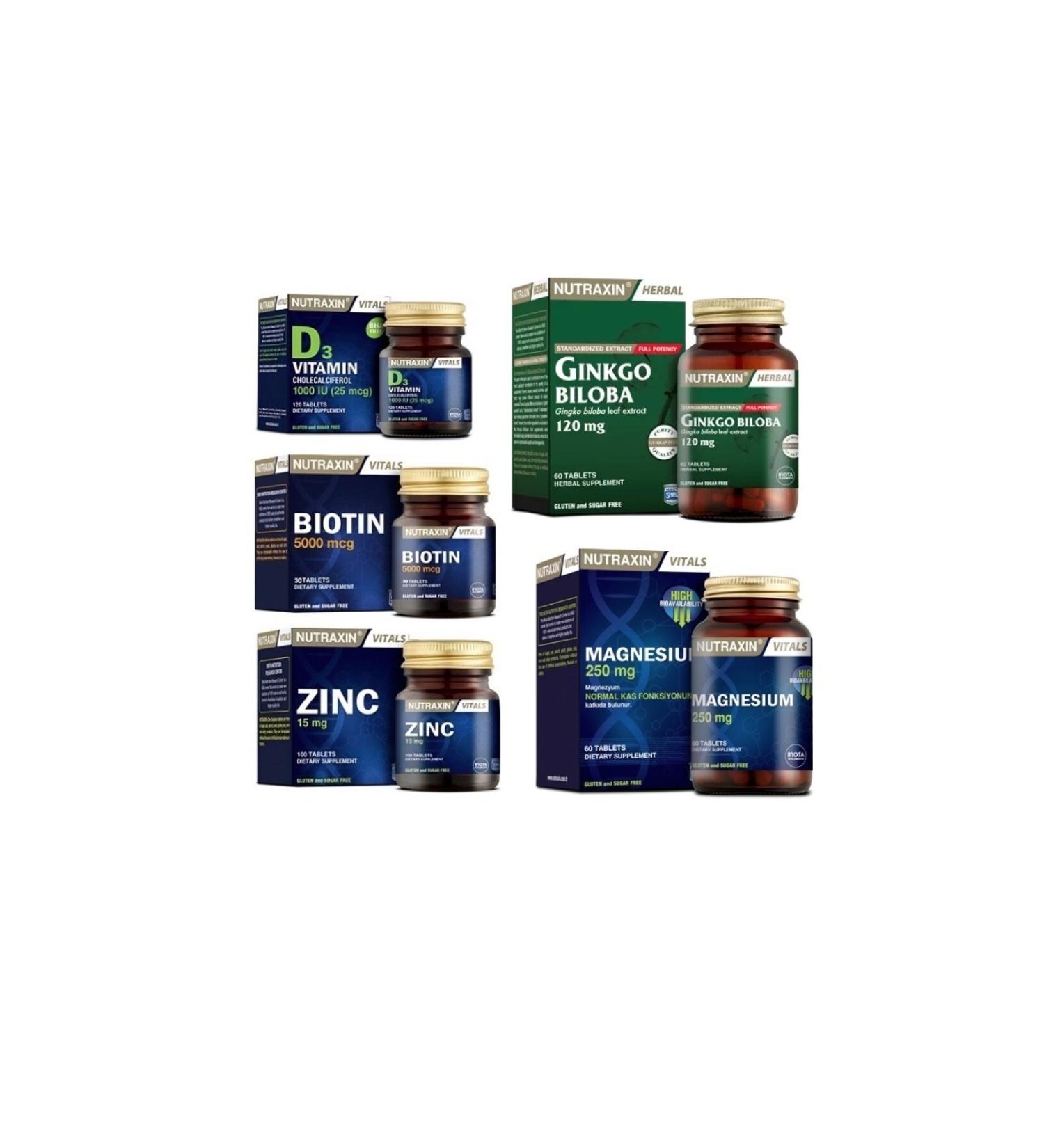 Nutraxin Ginkgo Biloba 60 Tablets + Biotin + Vitamin D3 + Zinc and Magnesium Supplement