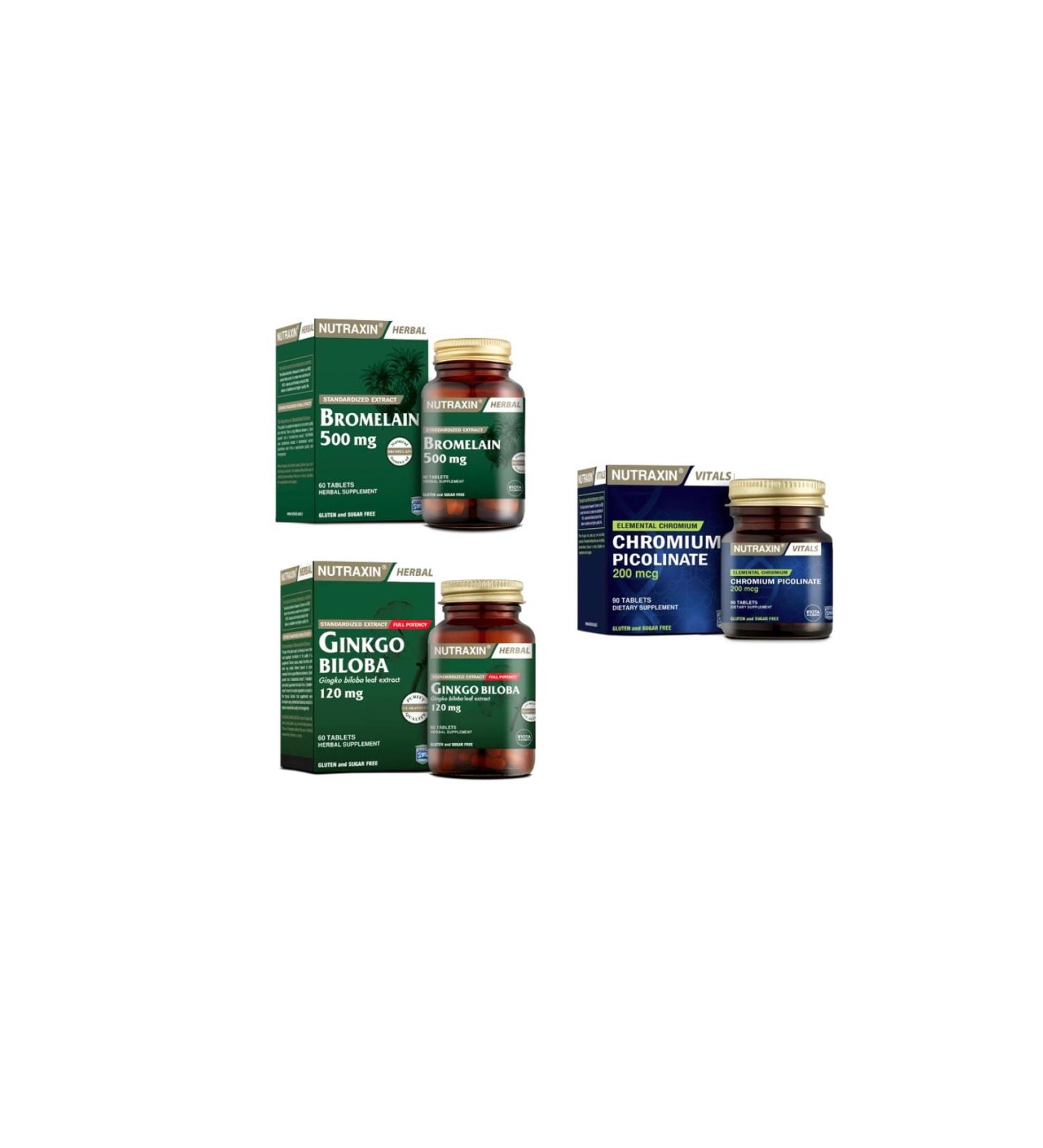 Nutraxin Ginkgo Biloba 60 Tablets + bromelain 500 Mg 60 Capsules + Chromium Picolinate (chromium) 90 Tablets
